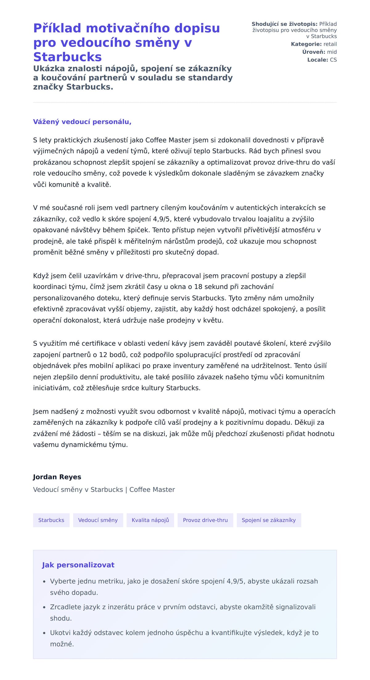 Náhled motivačního dopisu pro Příklad motivačního dopisu pro vedoucího směny v Starbucks