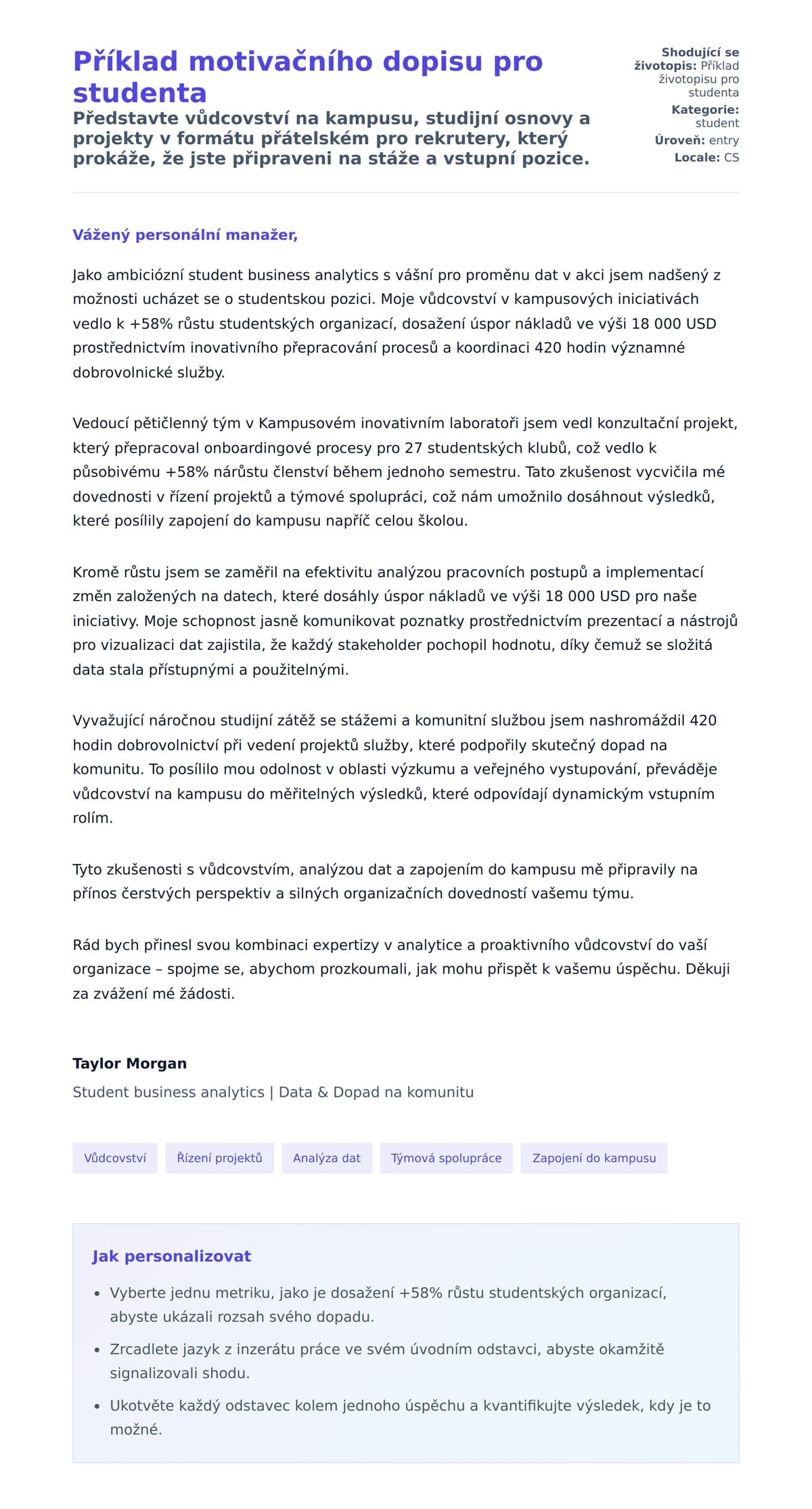 Náhled motivačního dopisu pro Příklad motivačního dopisu pro studenta