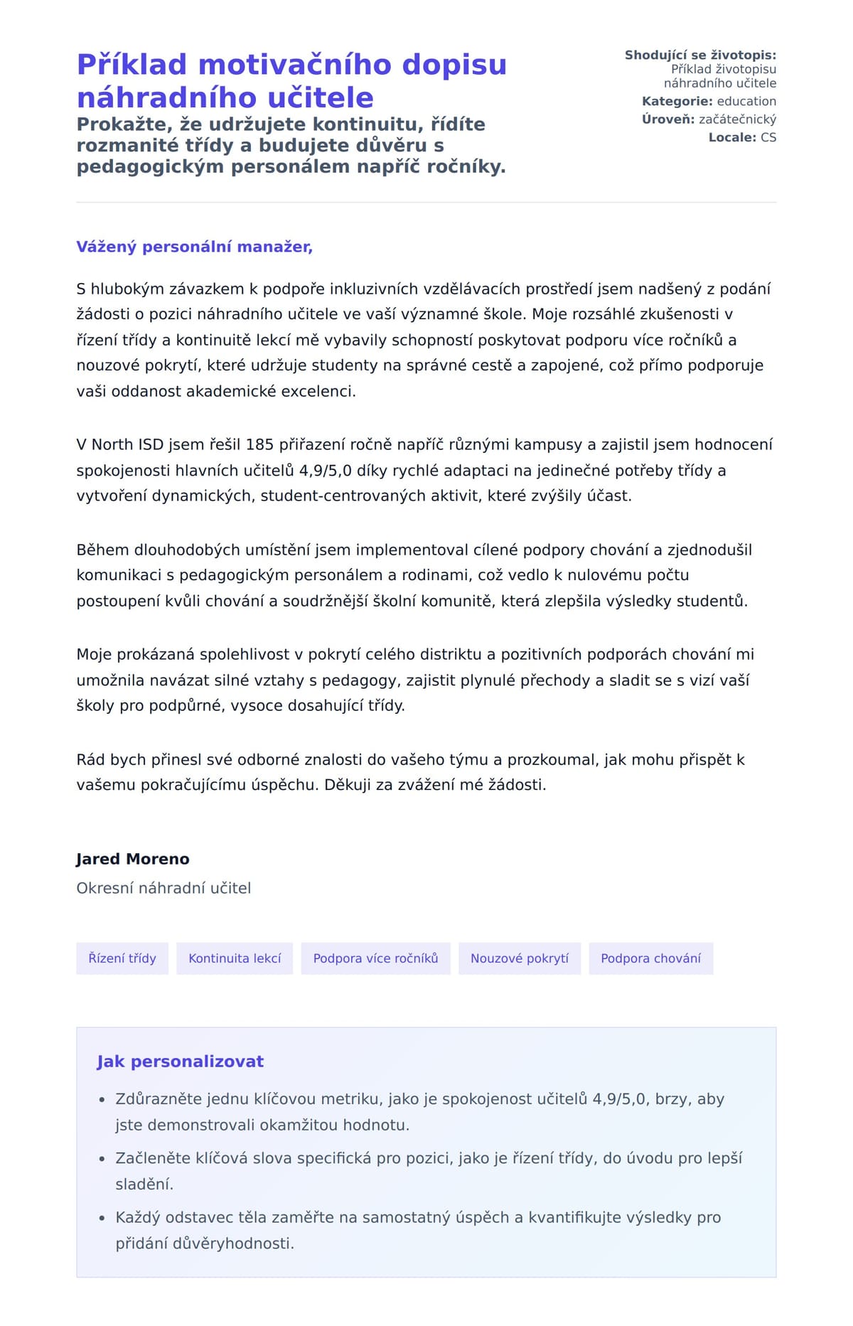 Náhled motivačního dopisu pro Příklad motivačního dopisu náhradního učitele