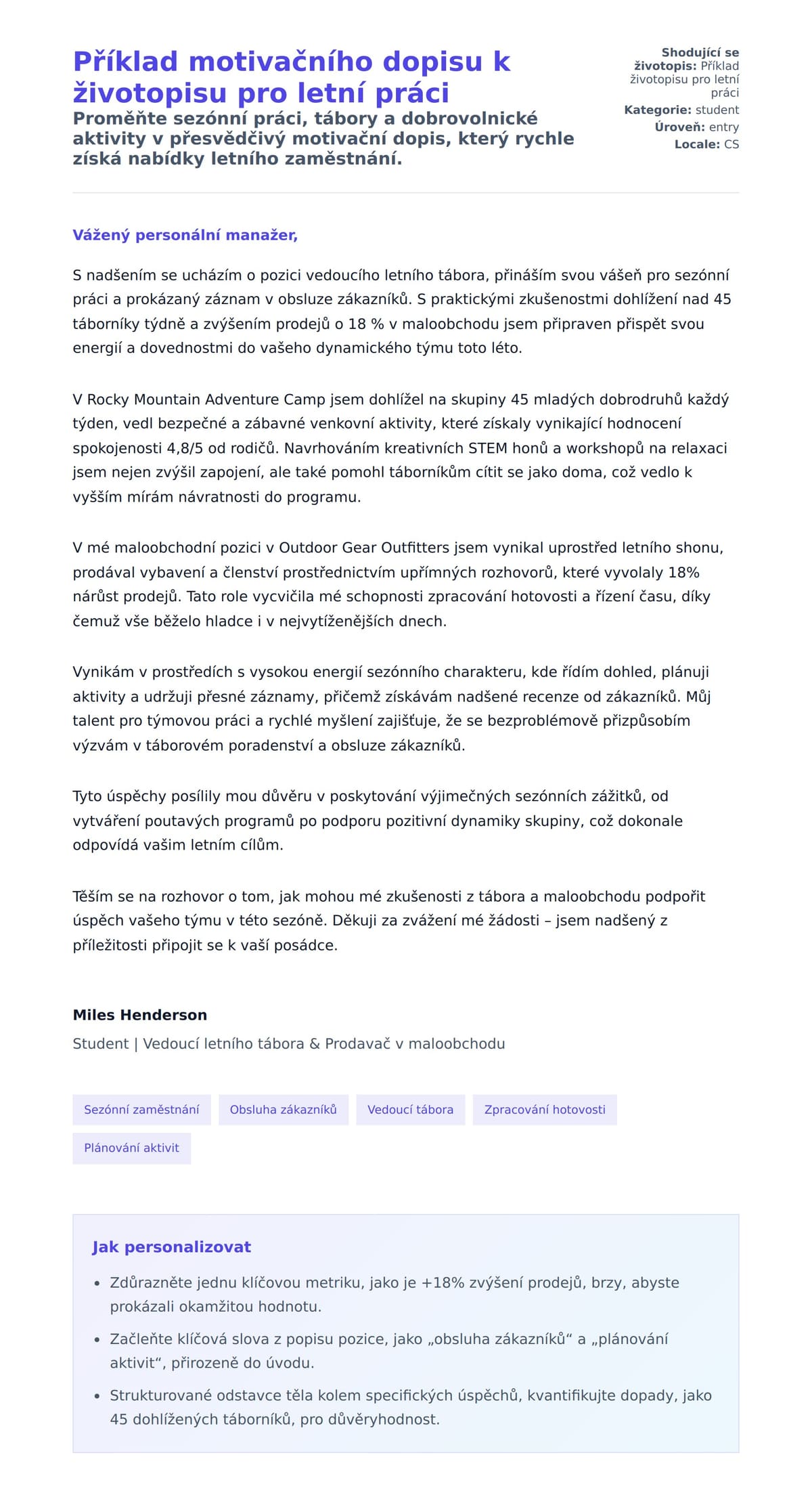 Náhled motivačního dopisu pro Příklad motivačního dopisu k životopisu pro letní práci