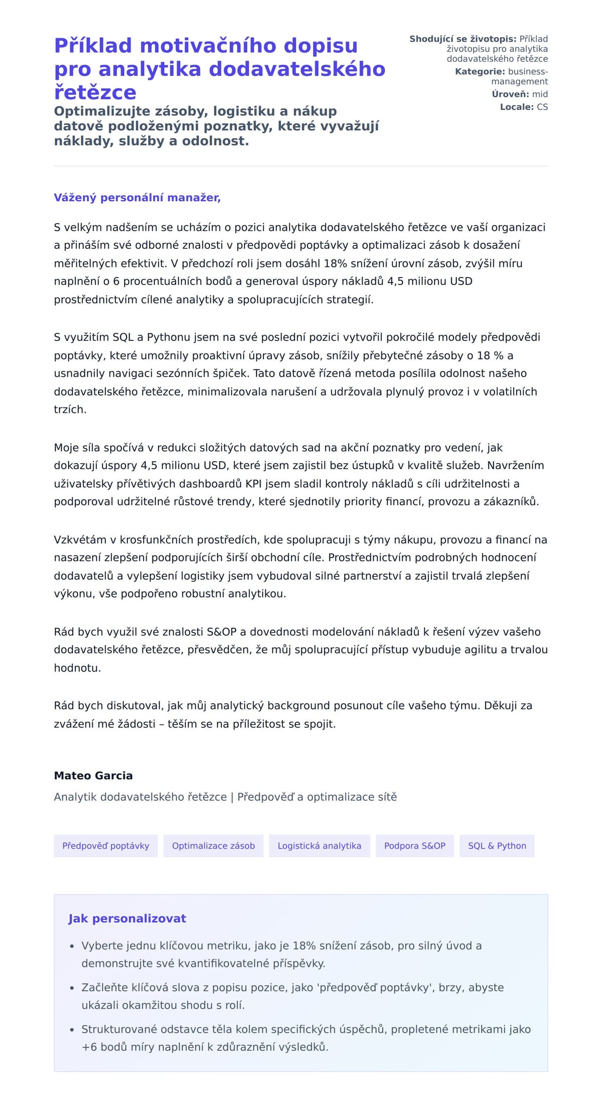 Náhled motivačního dopisu pro Příklad motivačního dopisu pro analytika dodavatelského řetězce