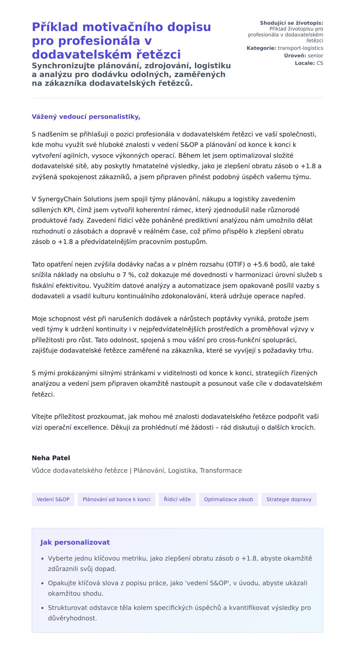 Náhled motivačního dopisu pro Příklad motivačního dopisu pro profesionála v dodavatelském řetězci