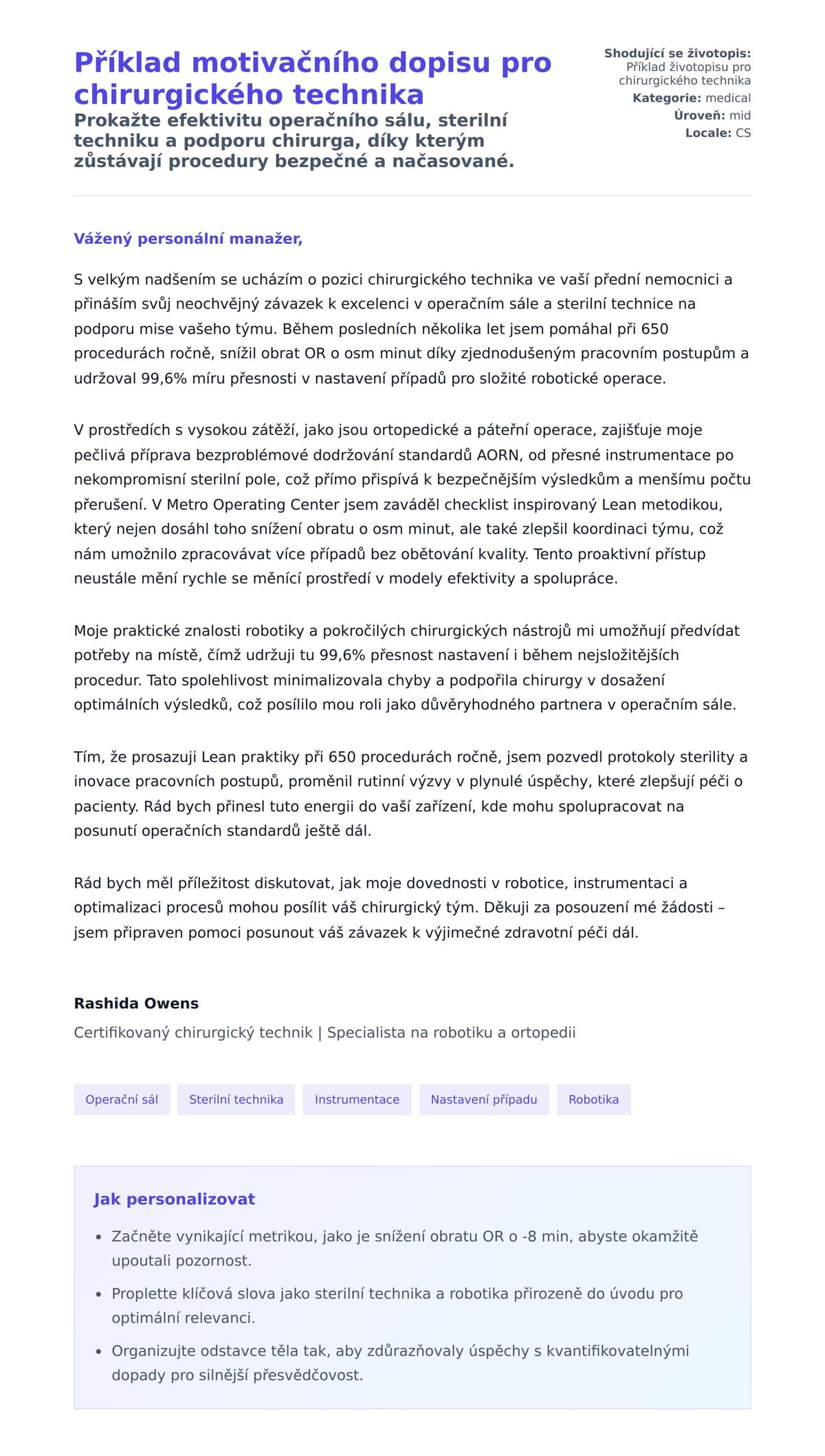 Náhled motivačního dopisu pro Příklad motivačního dopisu pro chirurgického technika