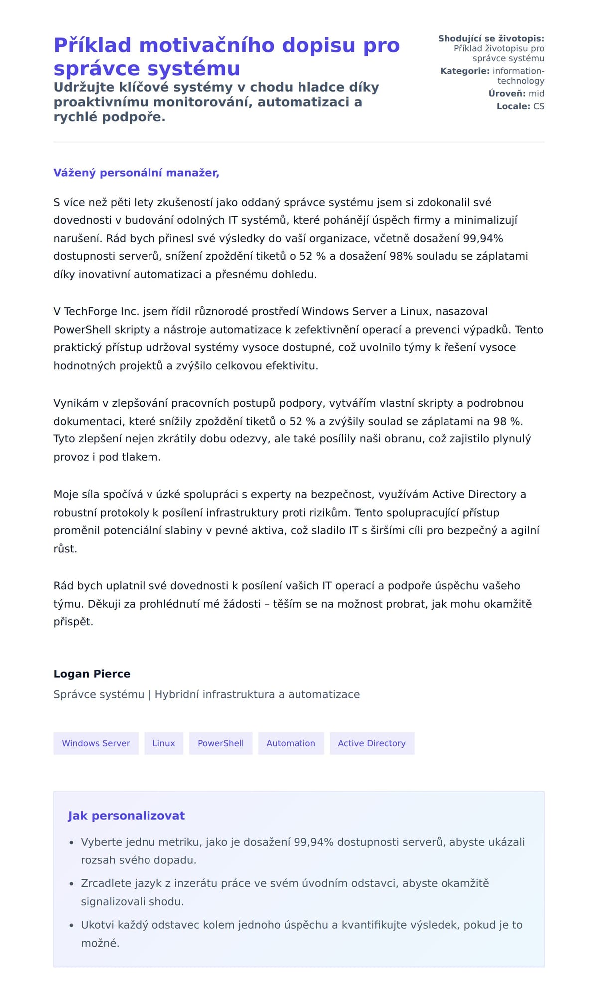 Náhled motivačního dopisu pro Příklad motivačního dopisu pro správce systému