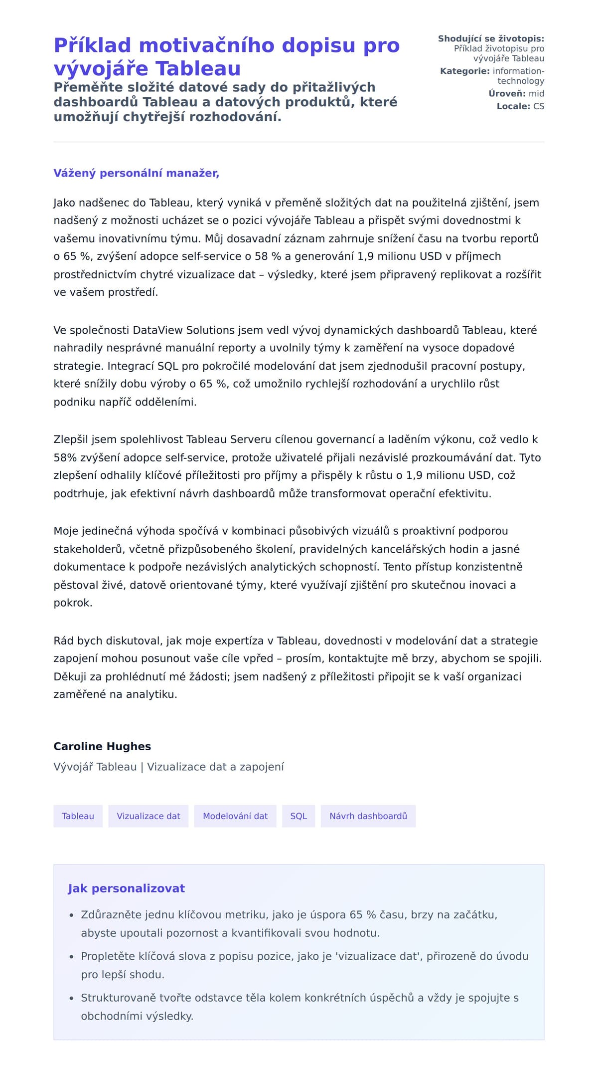 Náhled motivačního dopisu pro Příklad motivačního dopisu pro vývojáře Tableau