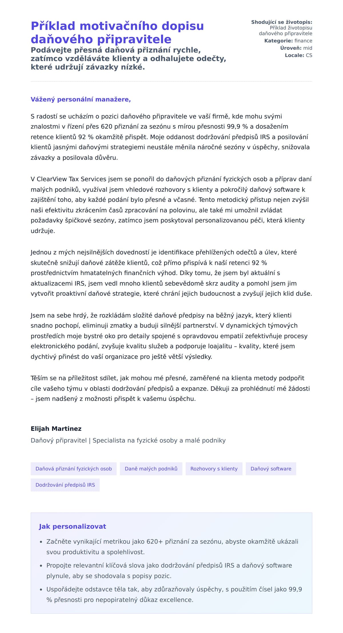 Náhled motivačního dopisu pro Příklad motivačního dopisu daňového připravitele