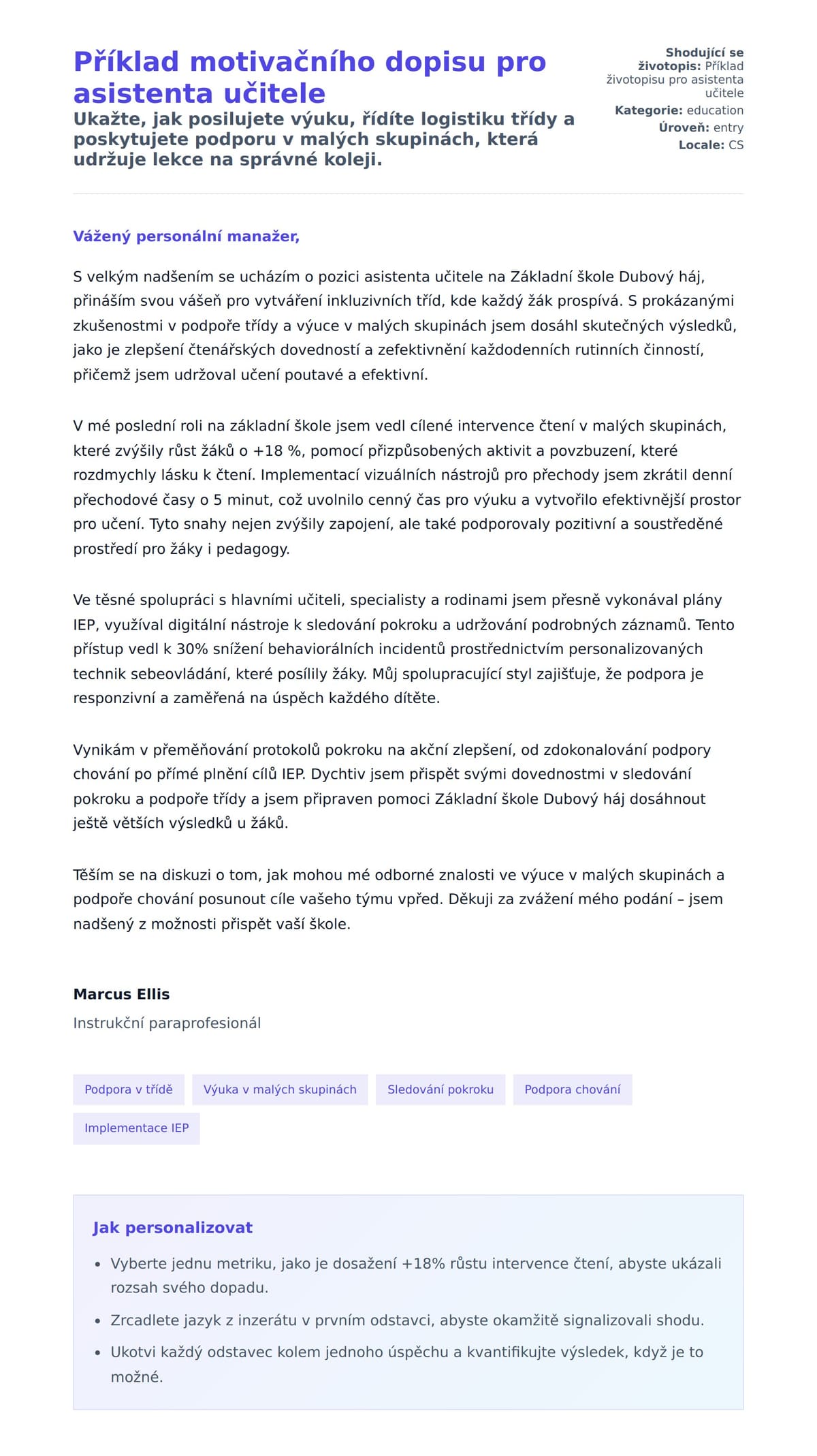 Náhled motivačního dopisu pro Příklad motivačního dopisu pro asistenta učitele