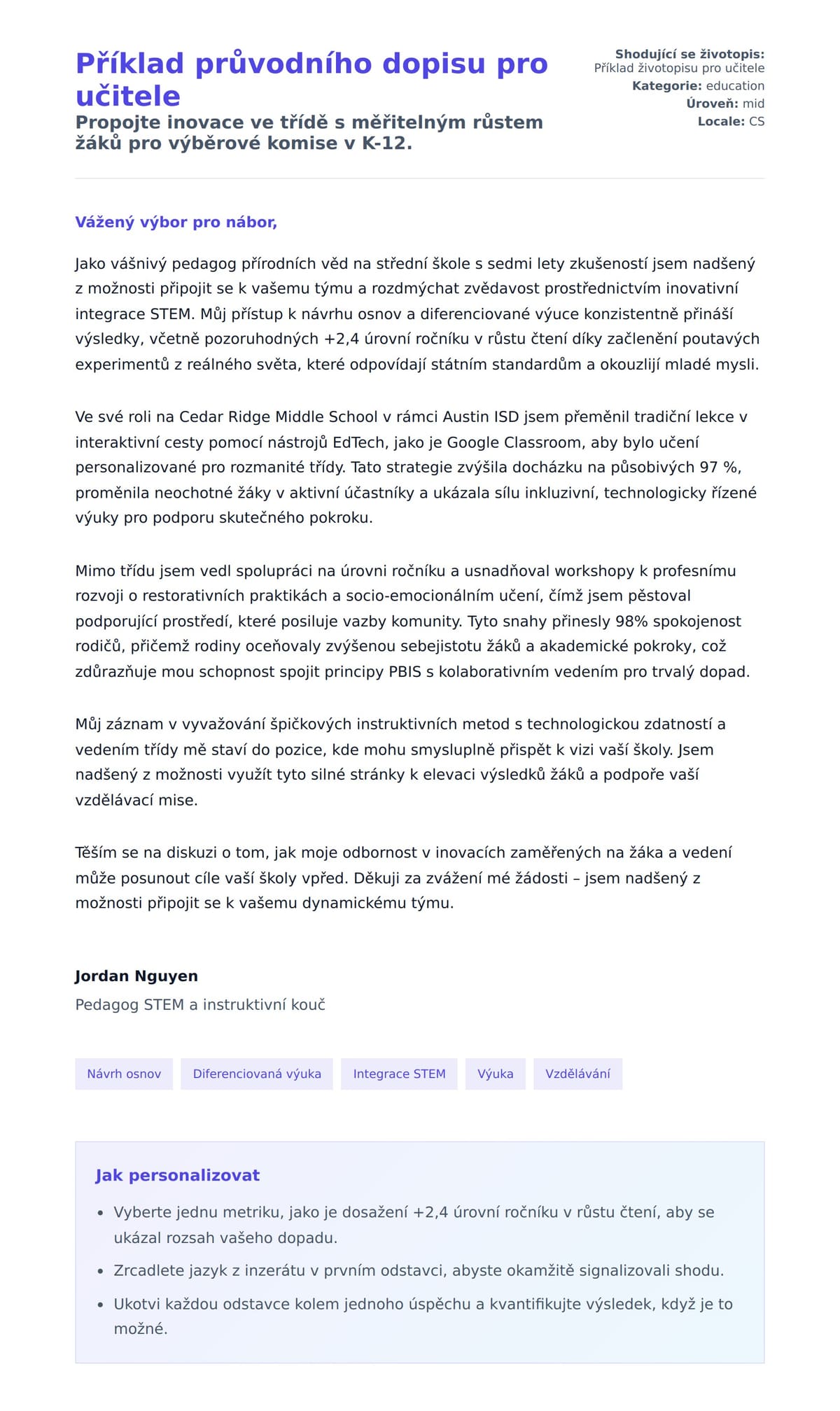 Náhled motivačního dopisu pro Příklad průvodního dopisu pro učitele