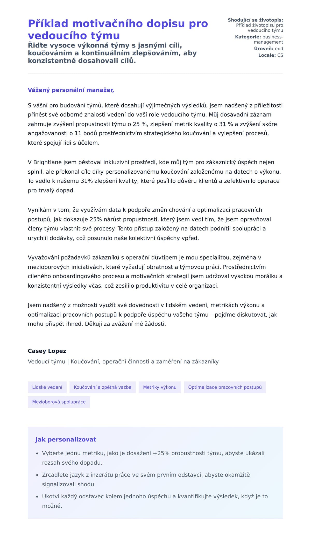 Náhled motivačního dopisu pro Příklad motivačního dopisu pro vedoucího týmu