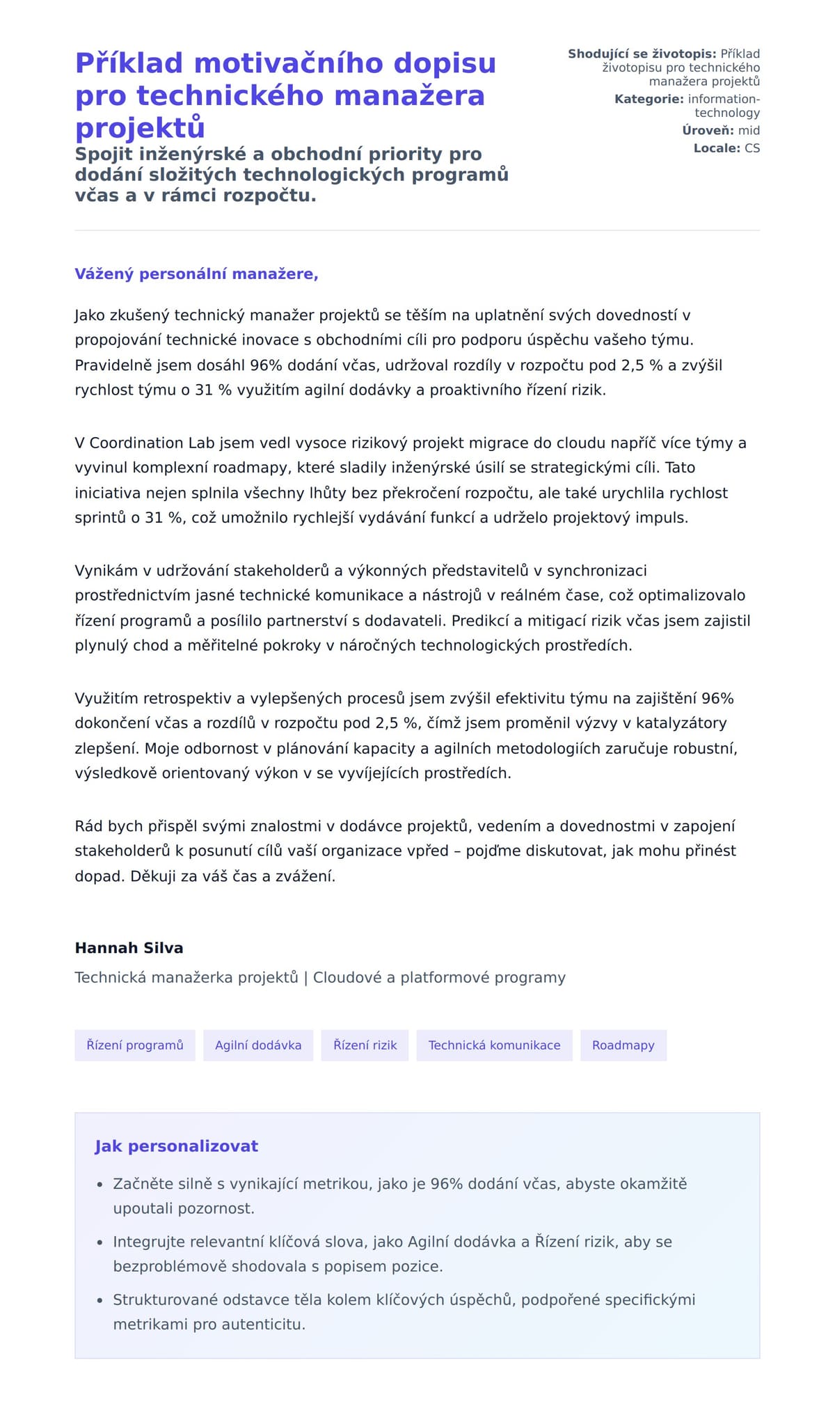 Náhled motivačního dopisu pro Příklad motivačního dopisu pro technického manažera projektů