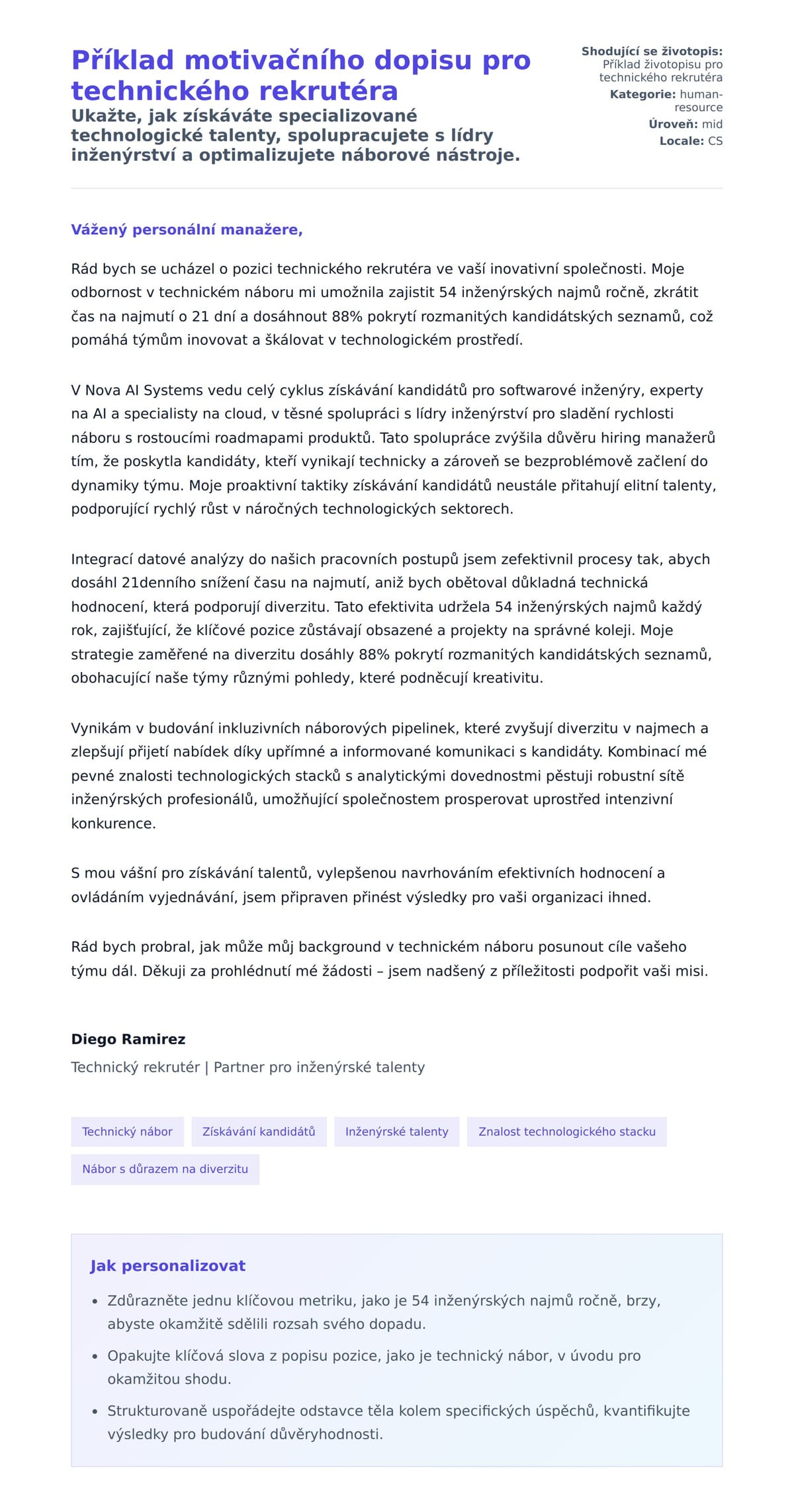 Náhled motivačního dopisu pro Příklad motivačního dopisu pro technického rekrutéra