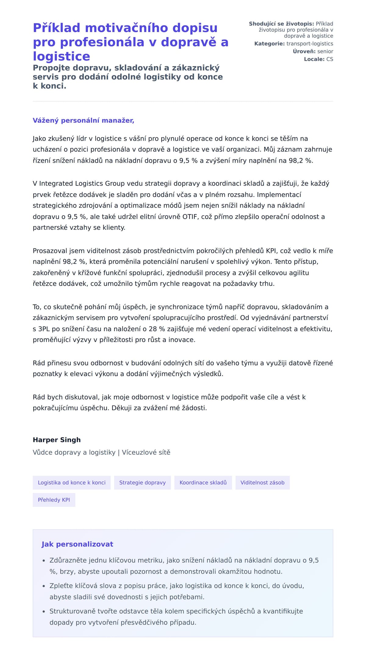Náhled motivačního dopisu pro Příklad motivačního dopisu pro profesionála v dopravě a logistice