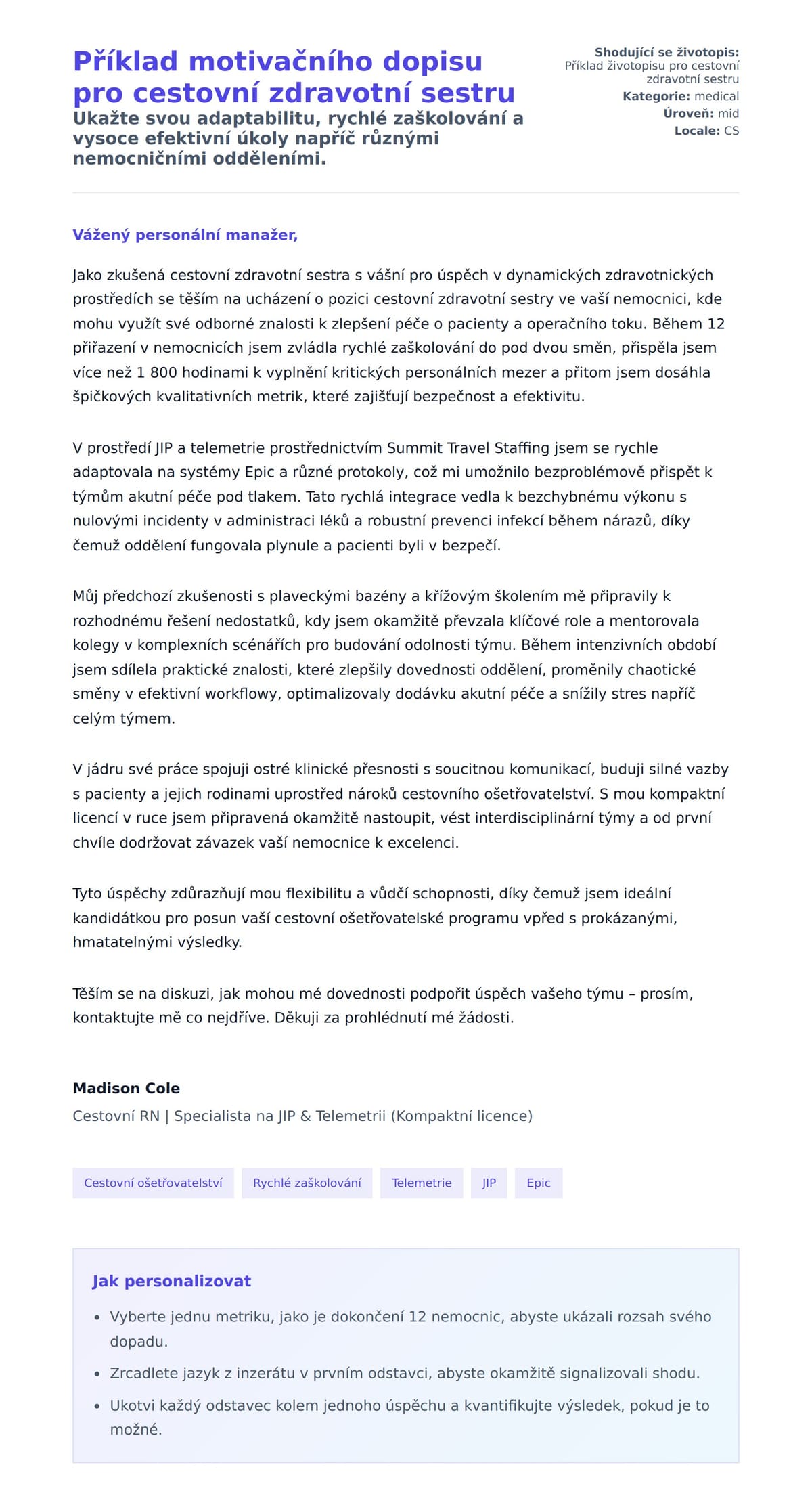 Náhled motivačního dopisu pro Příklad motivačního dopisu pro cestovní zdravotní sestru