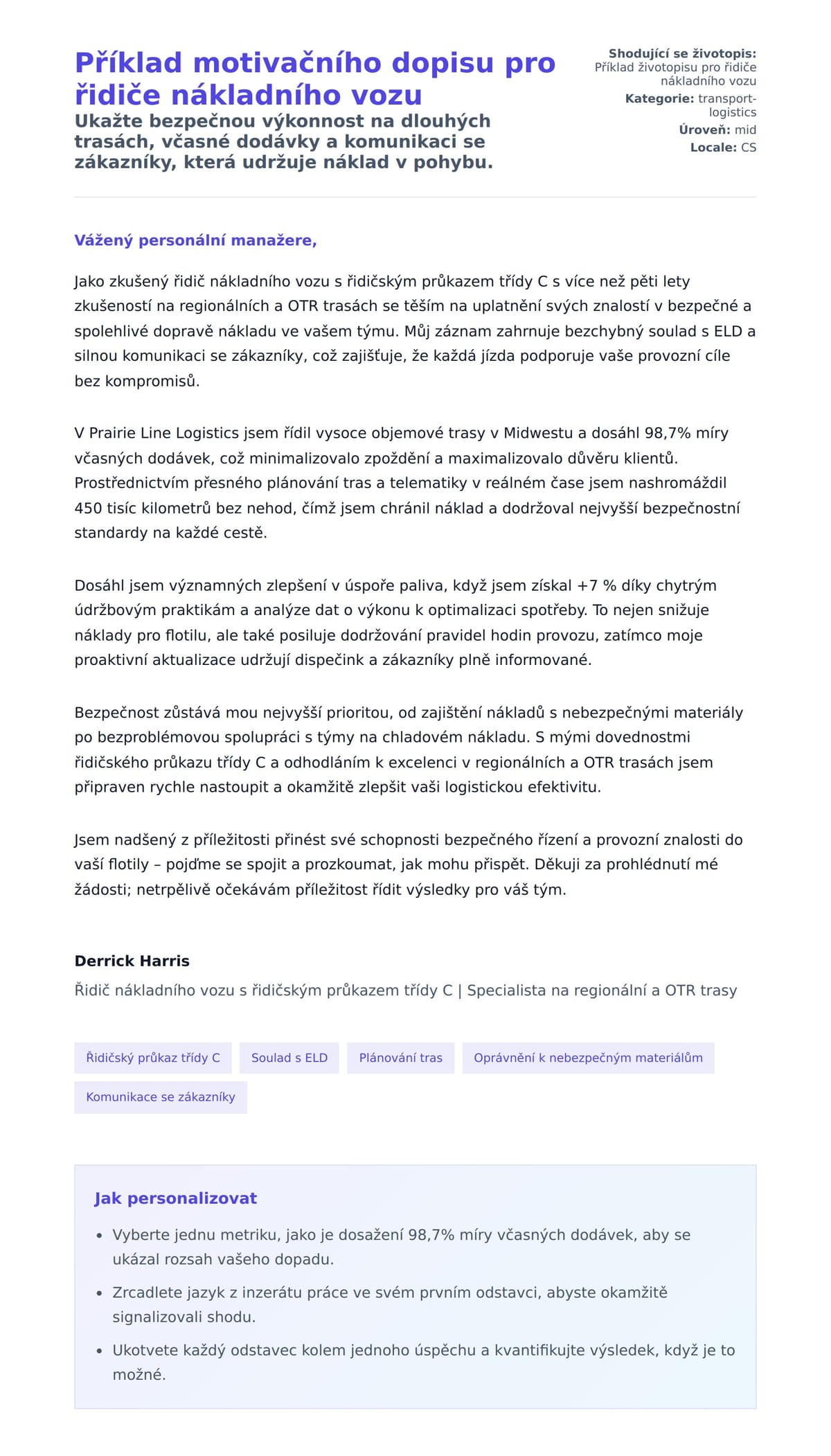 Náhled motivačního dopisu pro Příklad motivačního dopisu pro řidiče nákladního vozu