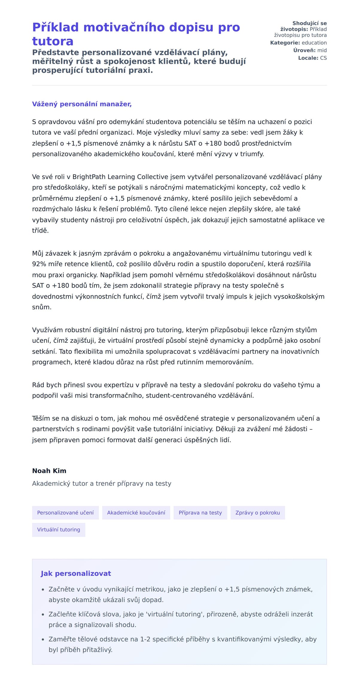 Náhled motivačního dopisu pro Příklad motivačního dopisu pro tutora