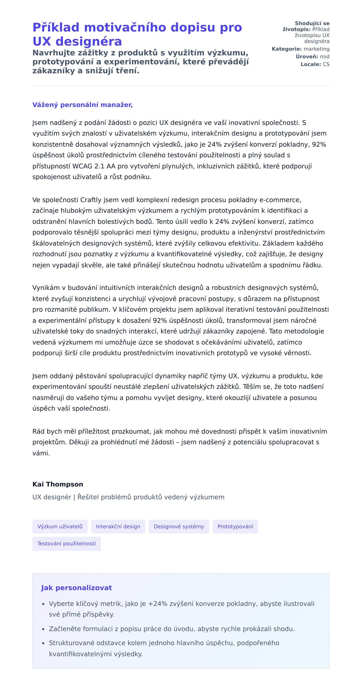 Náhled motivačního dopisu pro Příklad motivačního dopisu pro UX designéra