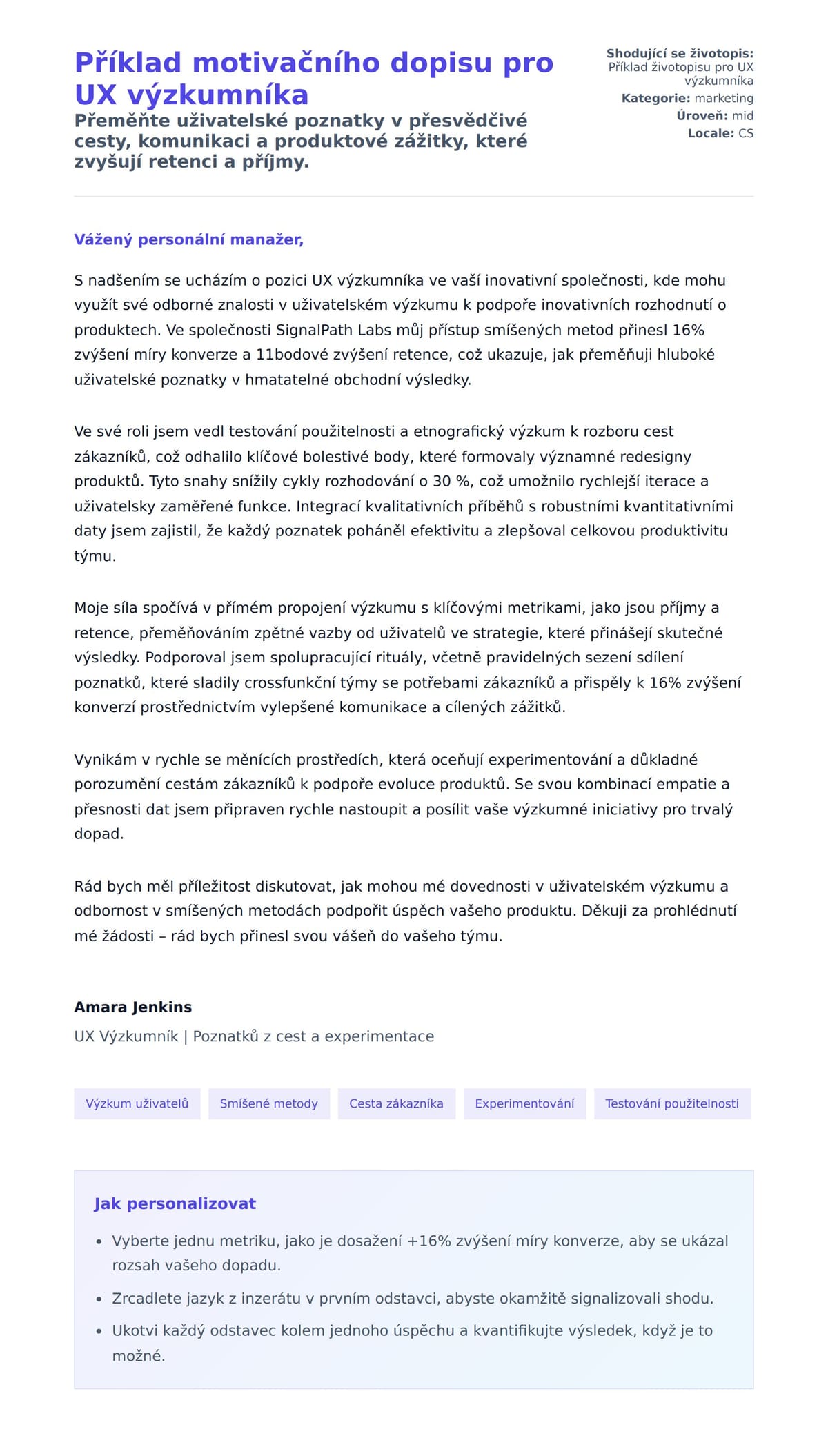 Náhled motivačního dopisu pro Příklad motivačního dopisu pro UX výzkumníka