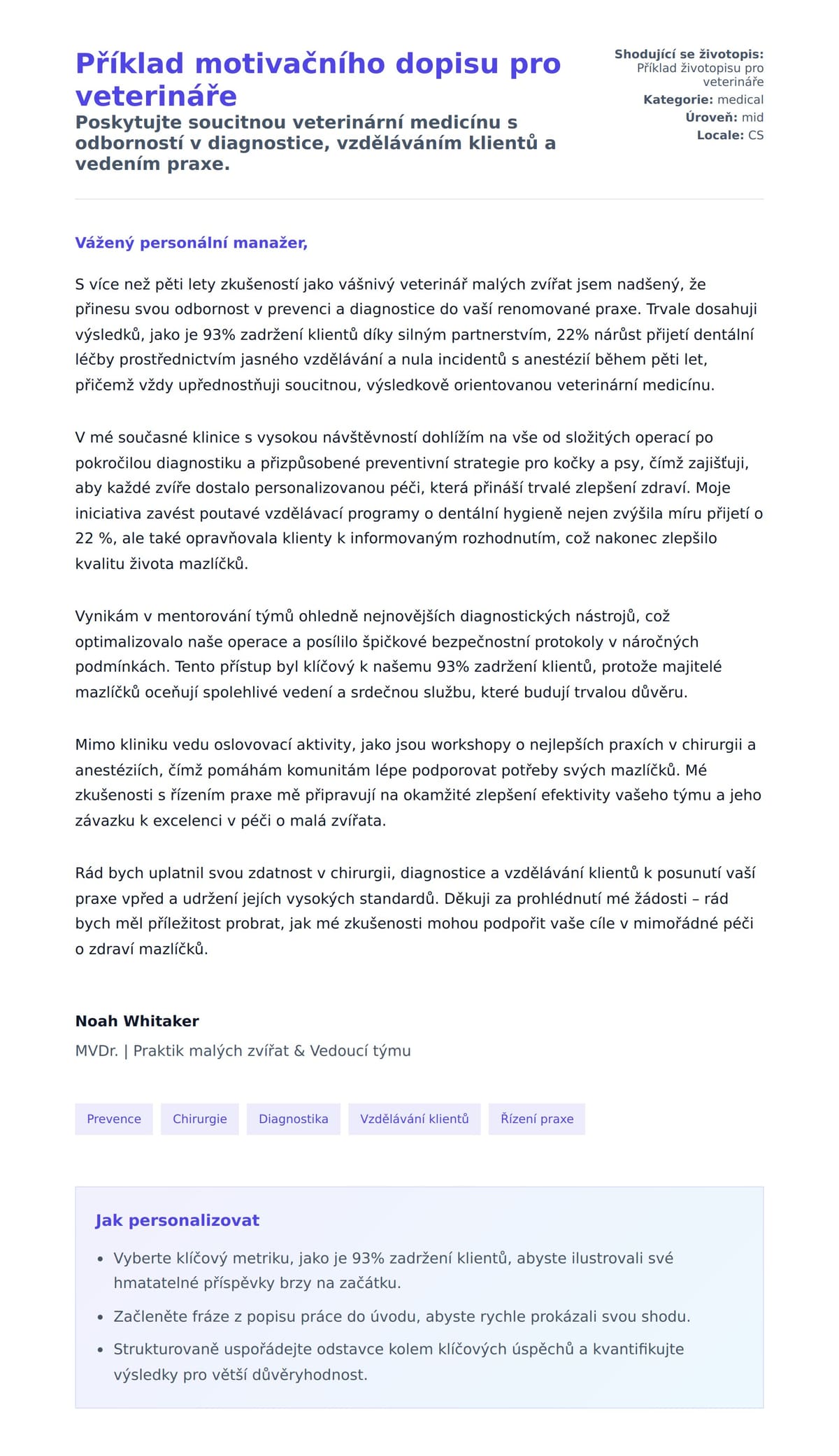 Náhled motivačního dopisu pro Příklad motivačního dopisu pro veterináře