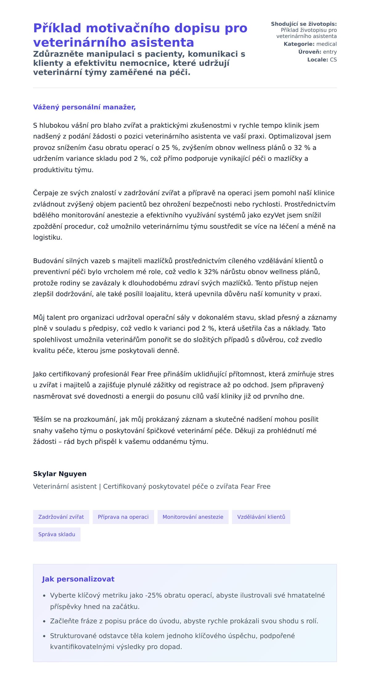 Náhled motivačního dopisu pro Příklad motivačního dopisu pro veterinárního asistenta