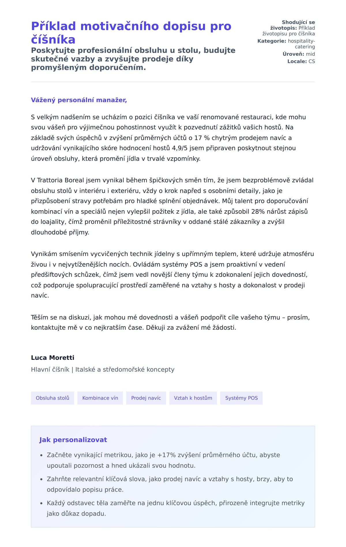Náhled motivačního dopisu pro Příklad motivačního dopisu pro číšníka
