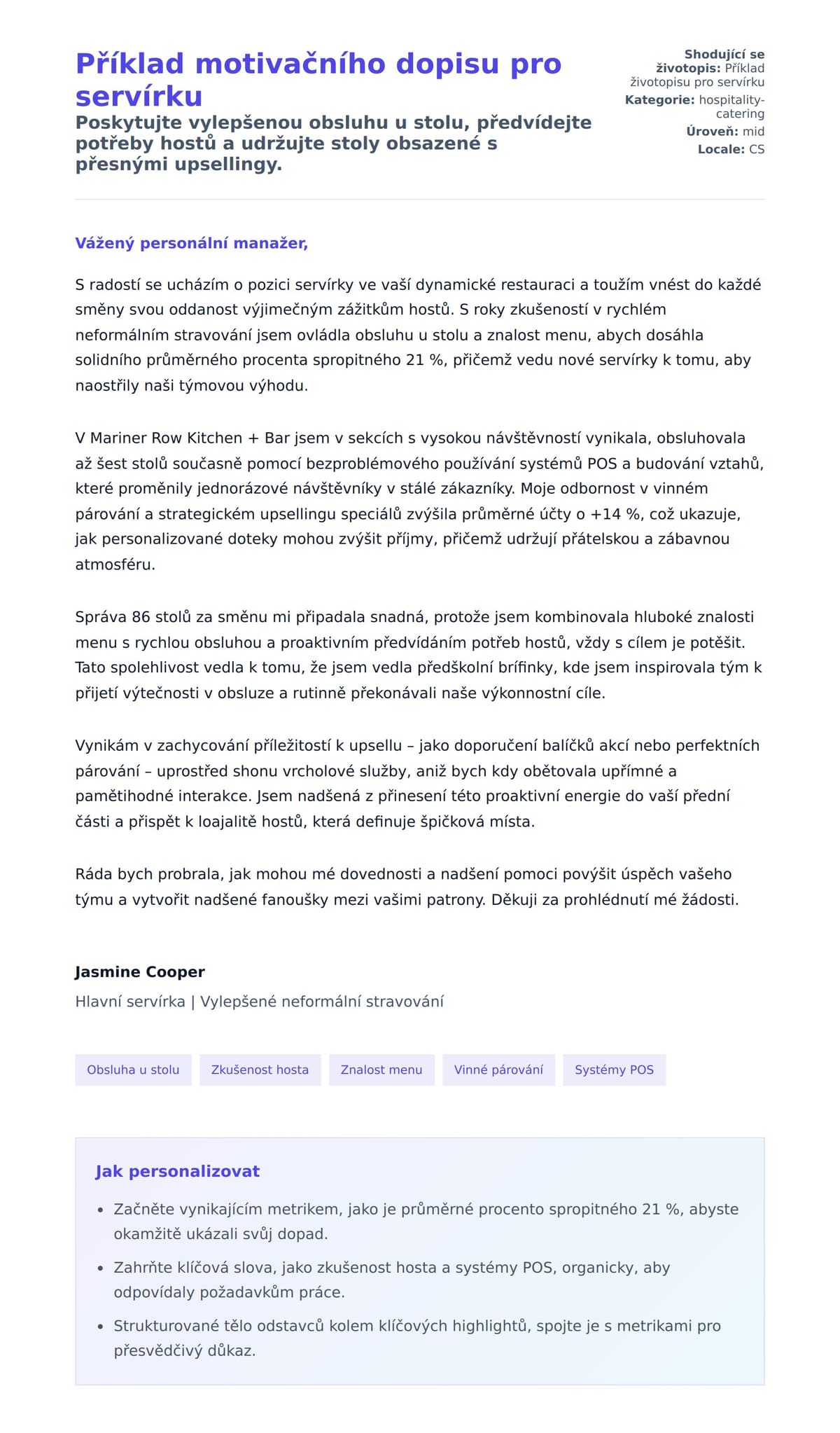 Náhled motivačního dopisu pro Příklad motivačního dopisu pro servírku