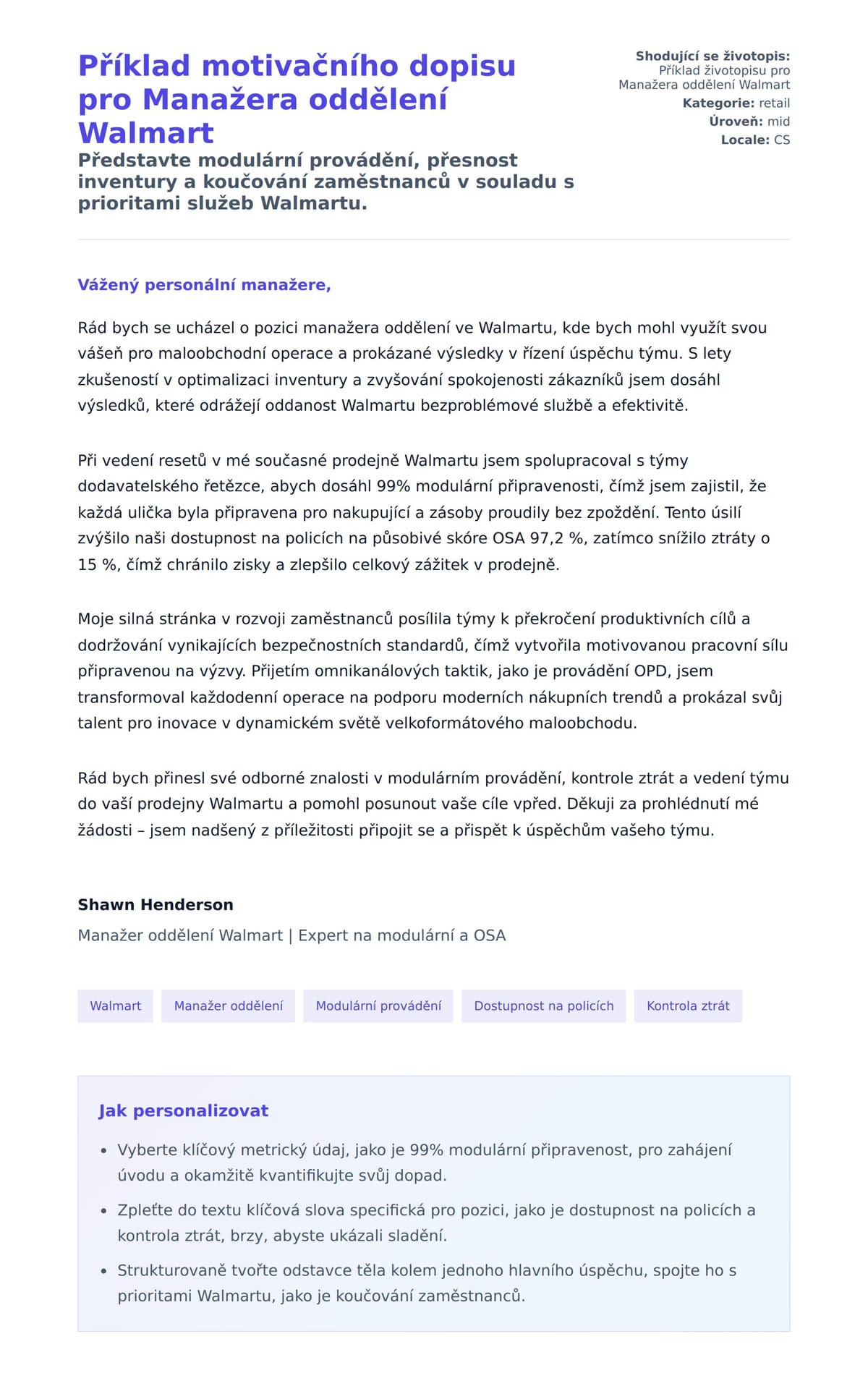 Náhled motivačního dopisu pro Příklad motivačního dopisu pro Manažera oddělení Walmart