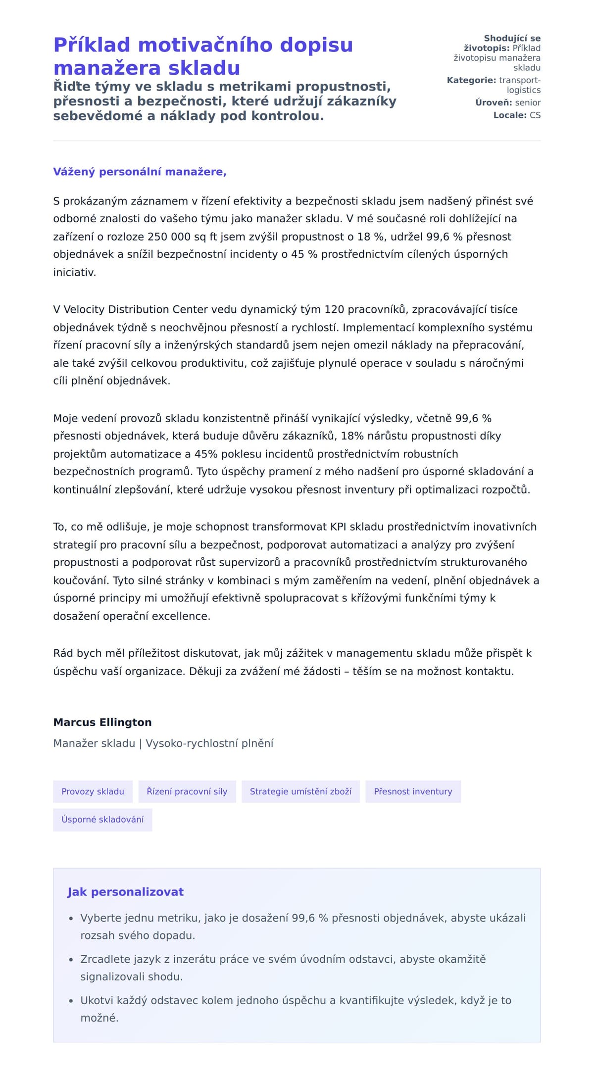 Náhled motivačního dopisu pro Příklad motivačního dopisu manažera skladu