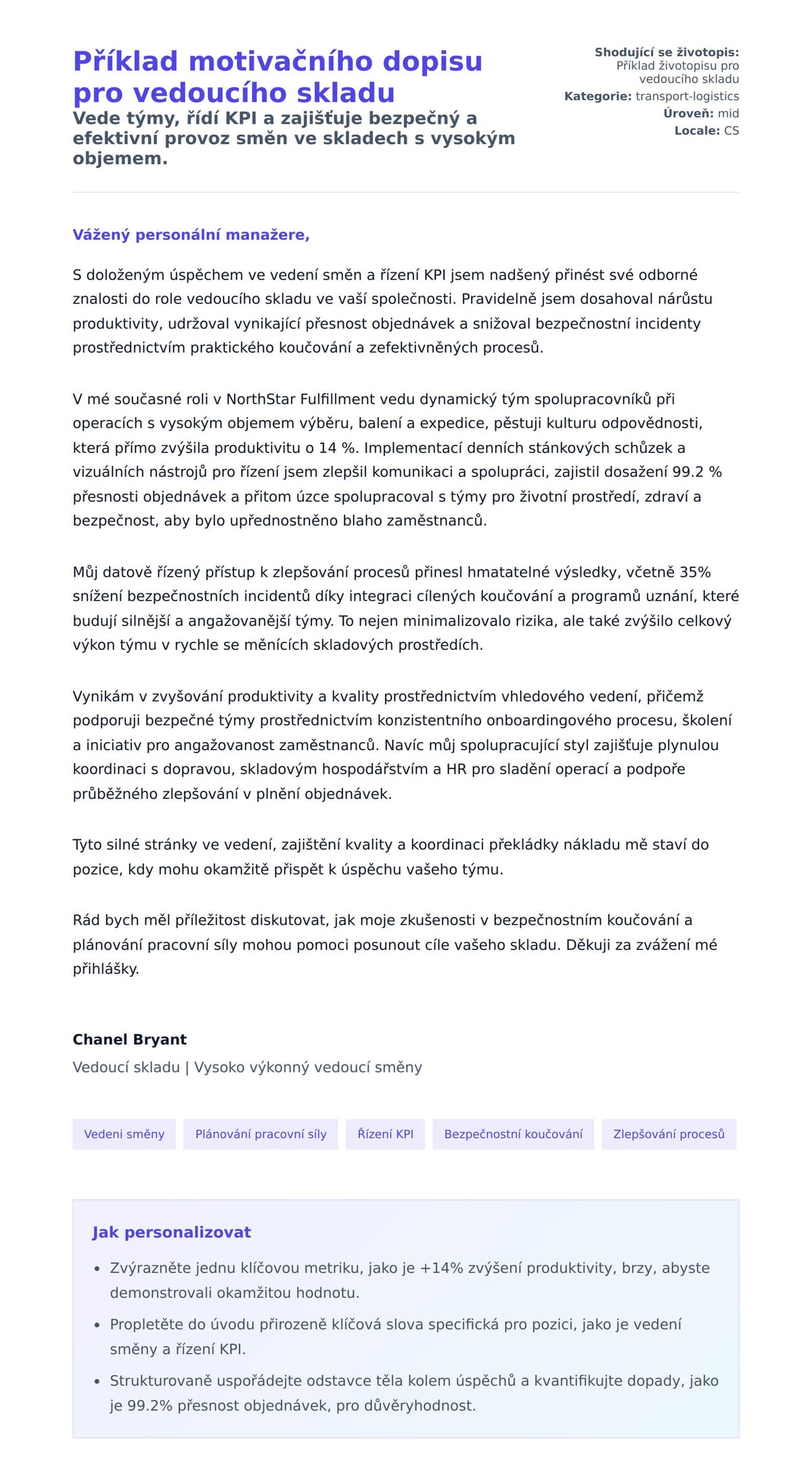Náhled motivačního dopisu pro Příklad motivačního dopisu pro vedoucího skladu