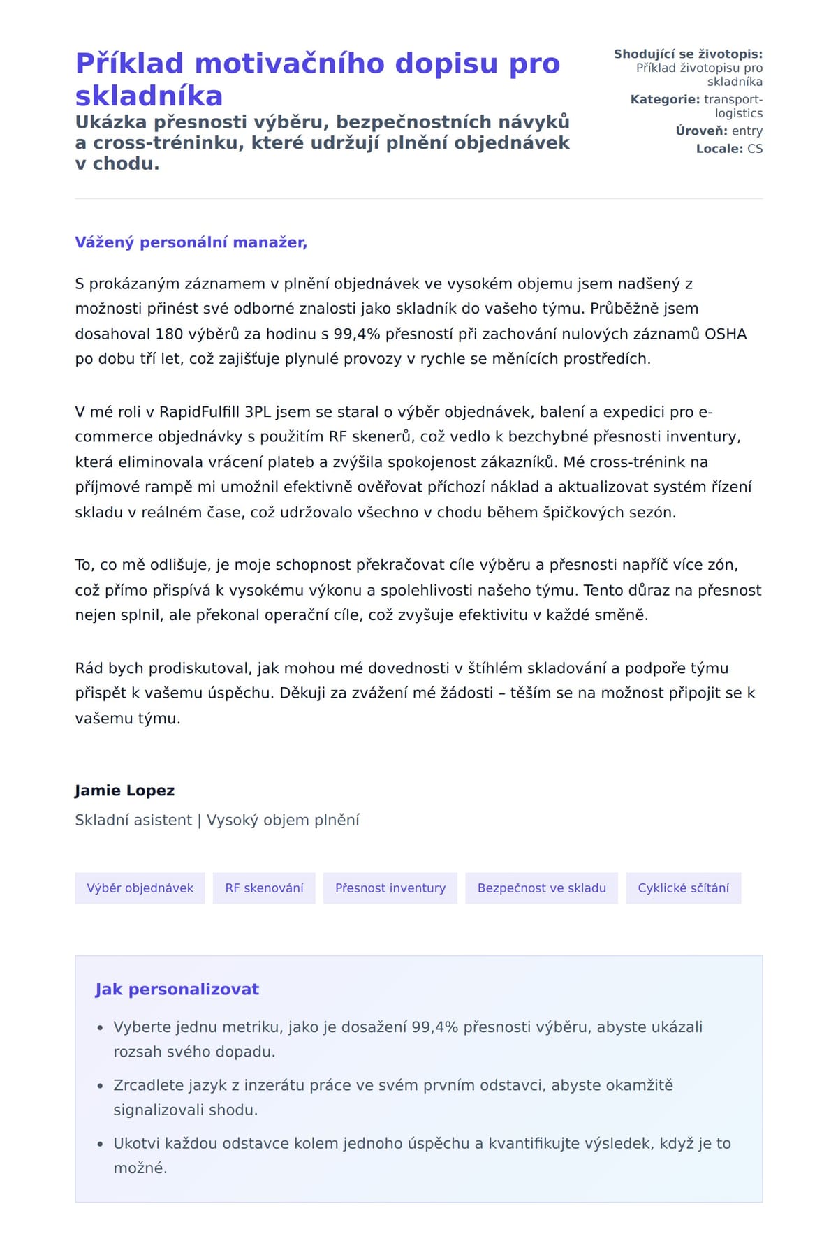 Náhled motivačního dopisu pro Příklad motivačního dopisu pro skladníka