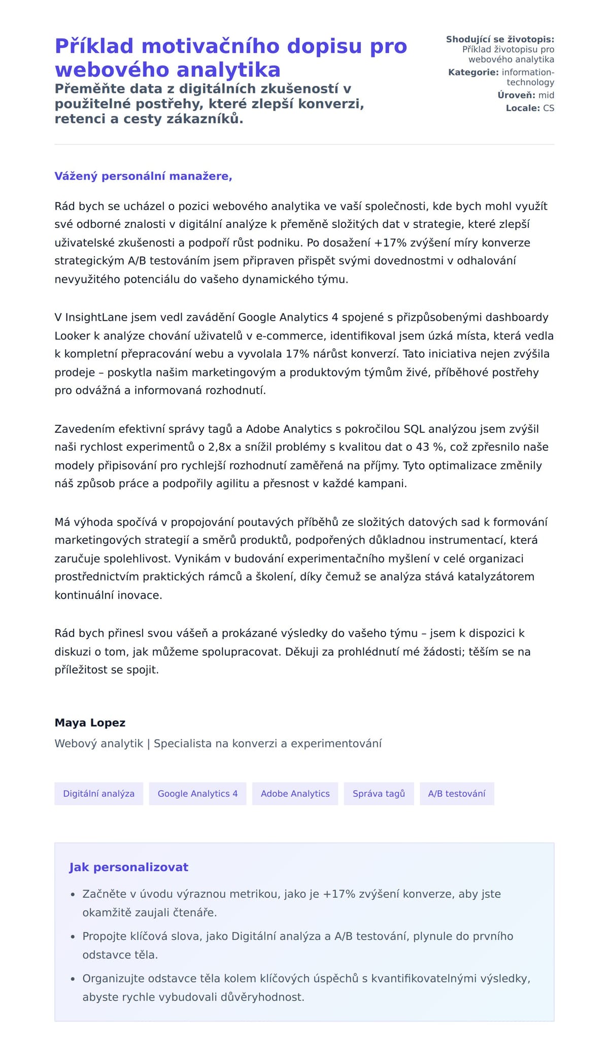 Náhled motivačního dopisu pro Příklad motivačního dopisu pro webového analytika