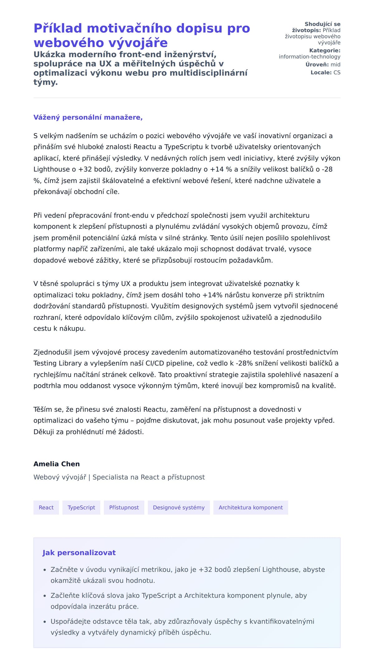Náhled motivačního dopisu pro Příklad motivačního dopisu pro webového vývojáře