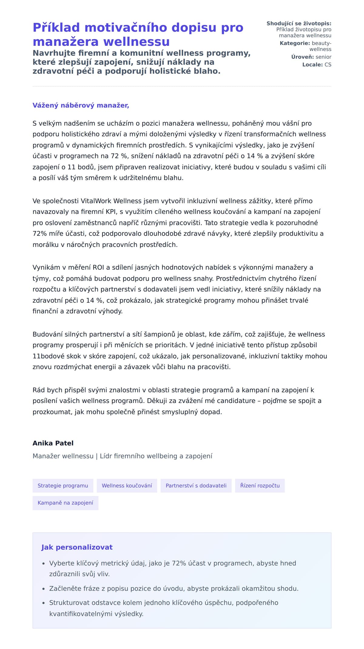 Náhled motivačního dopisu pro Příklad motivačního dopisu pro manažera wellnessu
