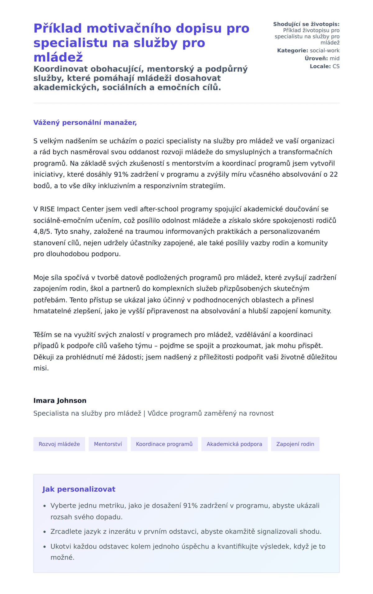 Náhled motivačního dopisu pro Příklad motivačního dopisu pro specialistu na služby pro mládež