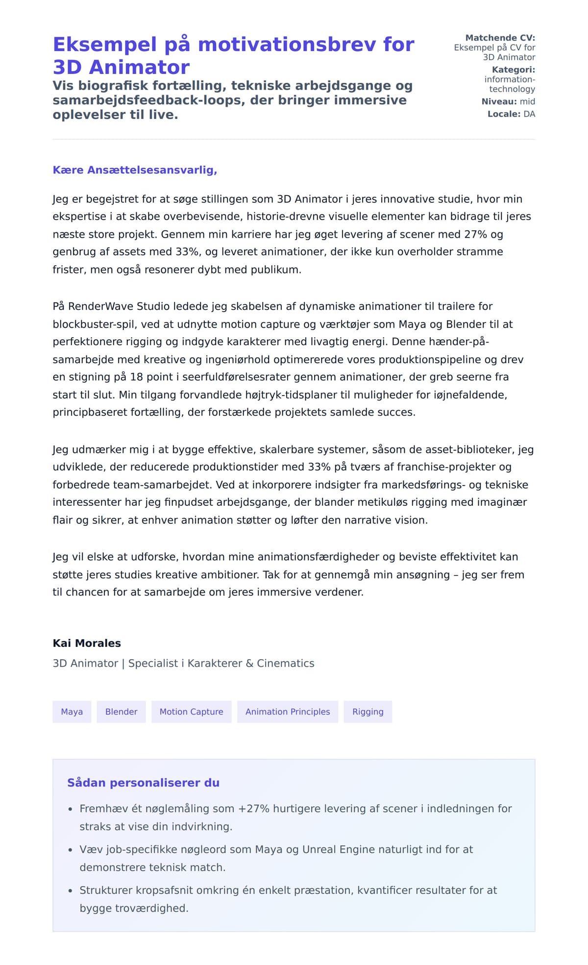 Ansøgningsbrev forhåndsvisning for Eksempel på motivationsbrev for 3D Animator