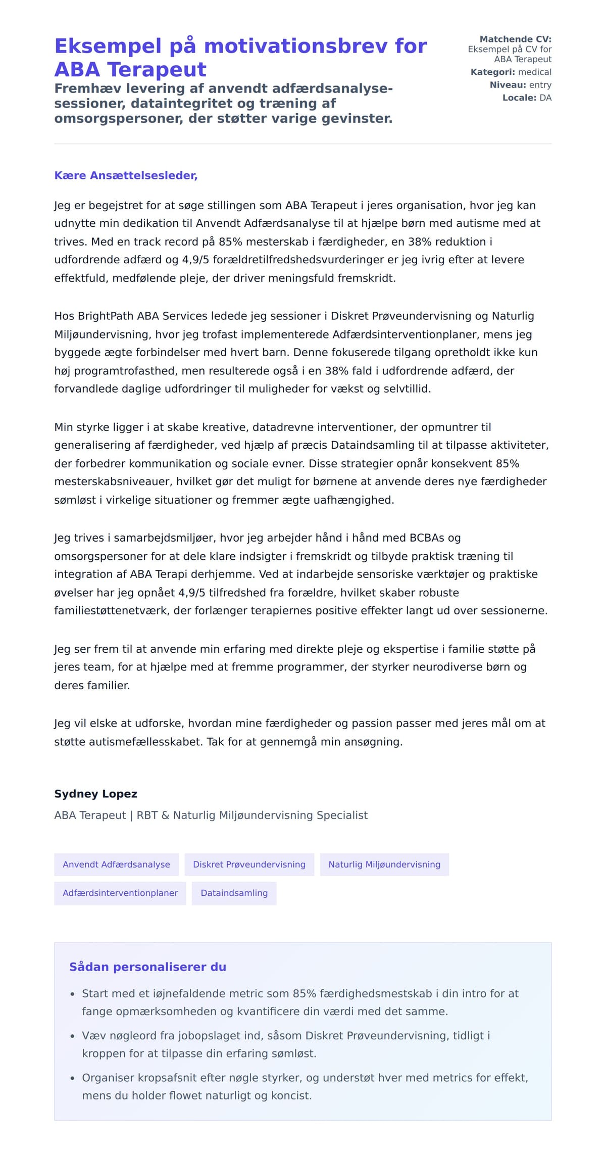 Ansøgningsbrev forhåndsvisning for Eksempel på motivationsbrev for ABA Terapeut