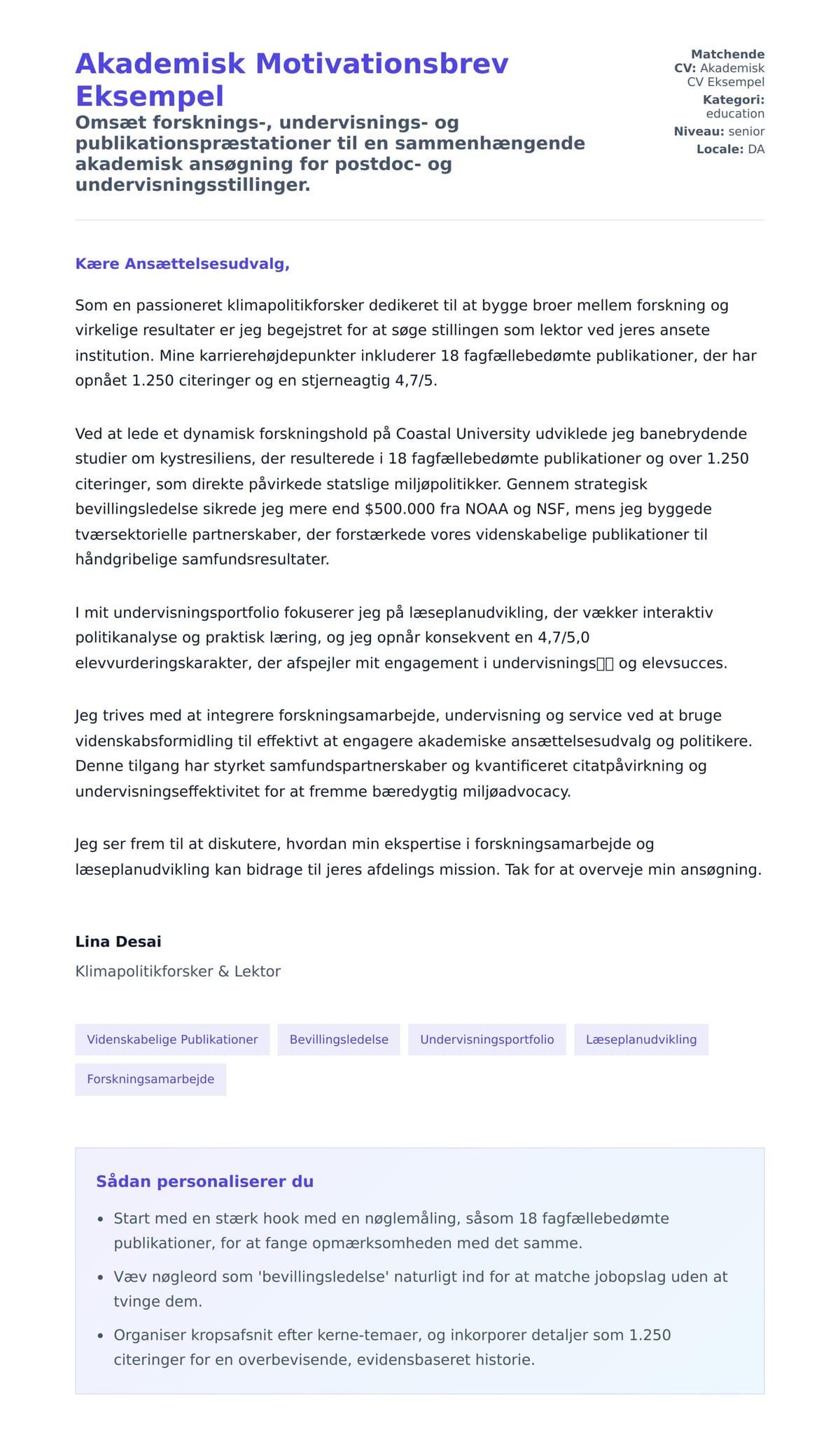 Ansøgningsbrev forhåndsvisning for Akademisk Motivationsbrev Eksempel