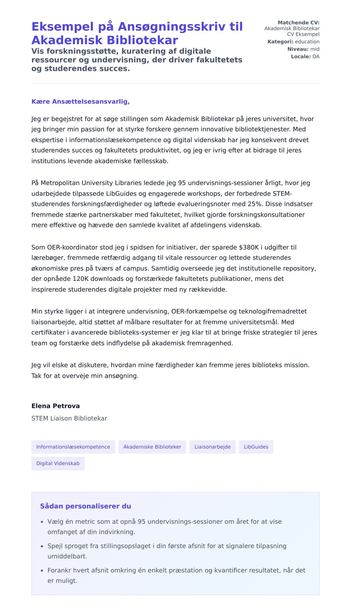 Ansøgningsbrev forhåndsvisning for Eksempel på Ansøgningsskriv til Akademisk Bibliotekar