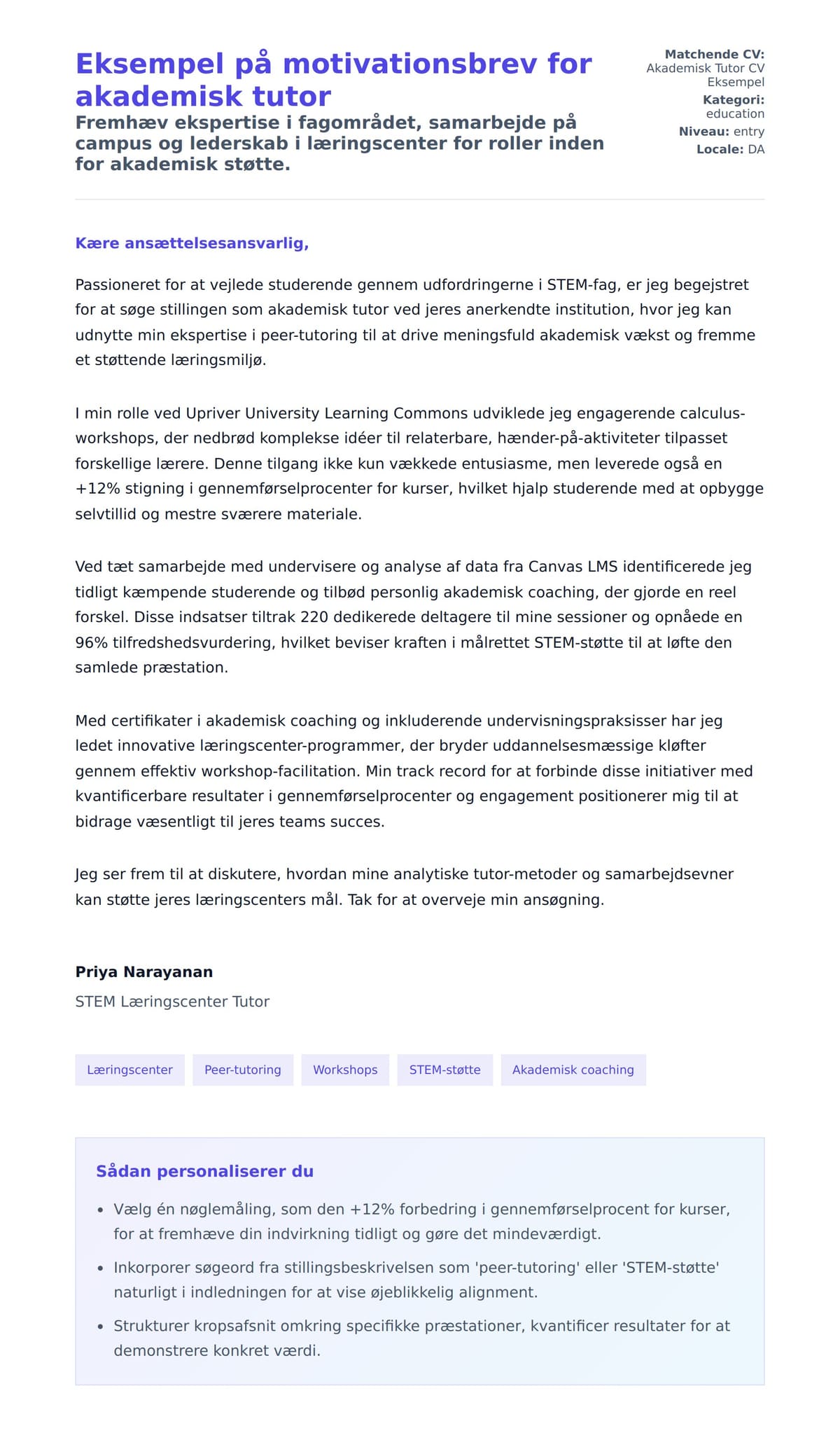 Ansøgningsbrev forhåndsvisning for Eksempel på motivationsbrev for akademisk tutor