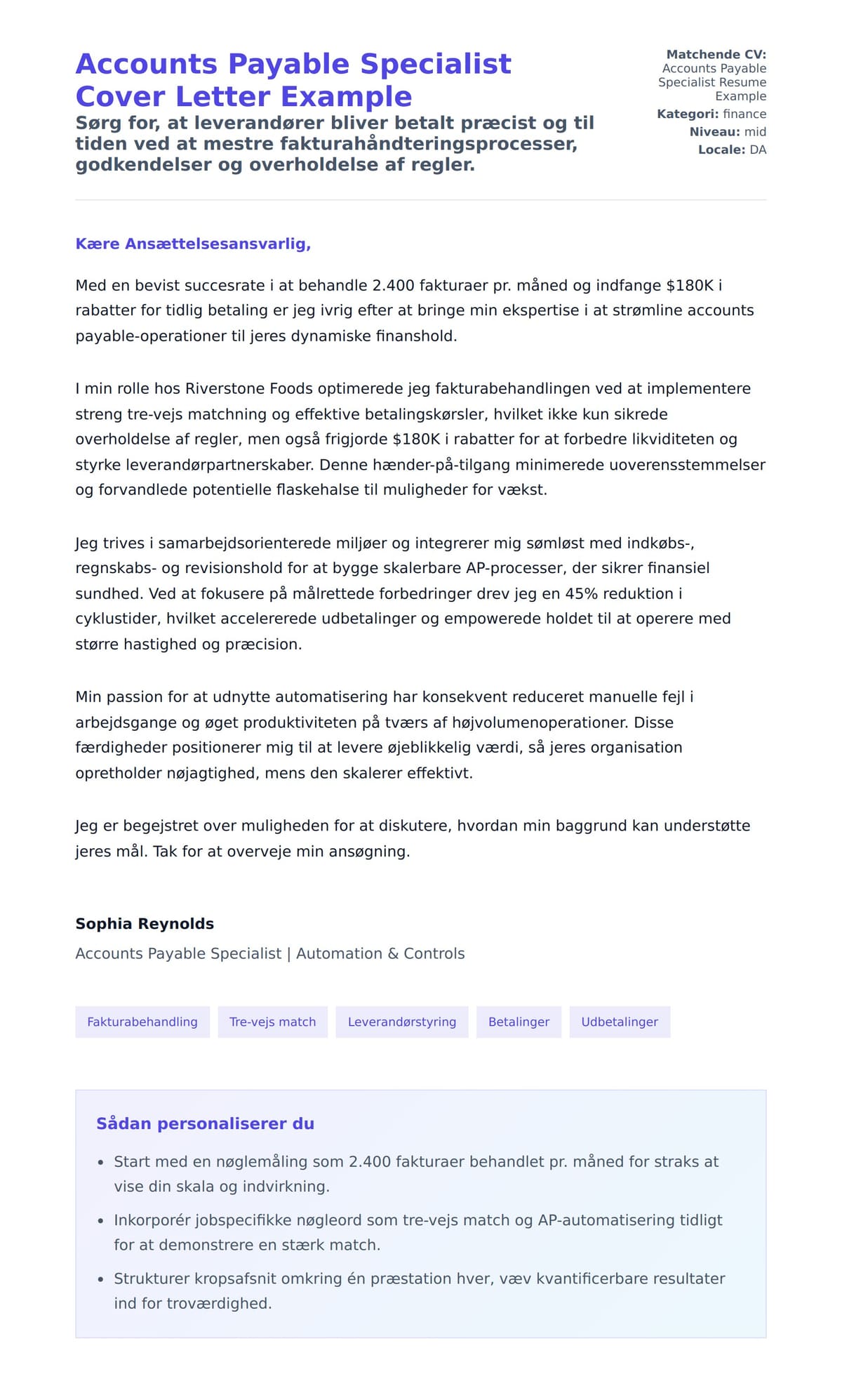 Ansøgningsbrev forhåndsvisning for Accounts Payable Specialist Cover Letter Example