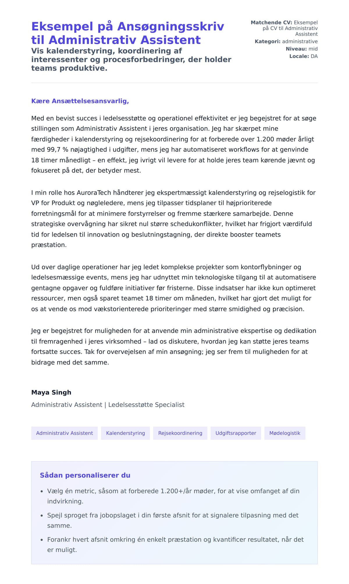 Ansøgningsbrev forhåndsvisning for Eksempel på Ansøgningsskriv til Administrativ Assistent