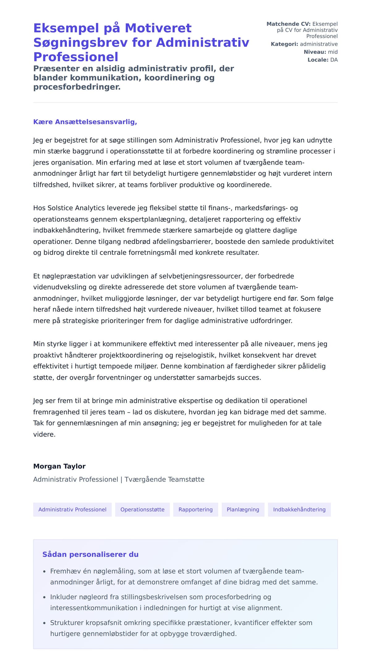 Ansøgningsbrev forhåndsvisning for Eksempel på Motiveret Søgningsbrev for Administrativ Professionel