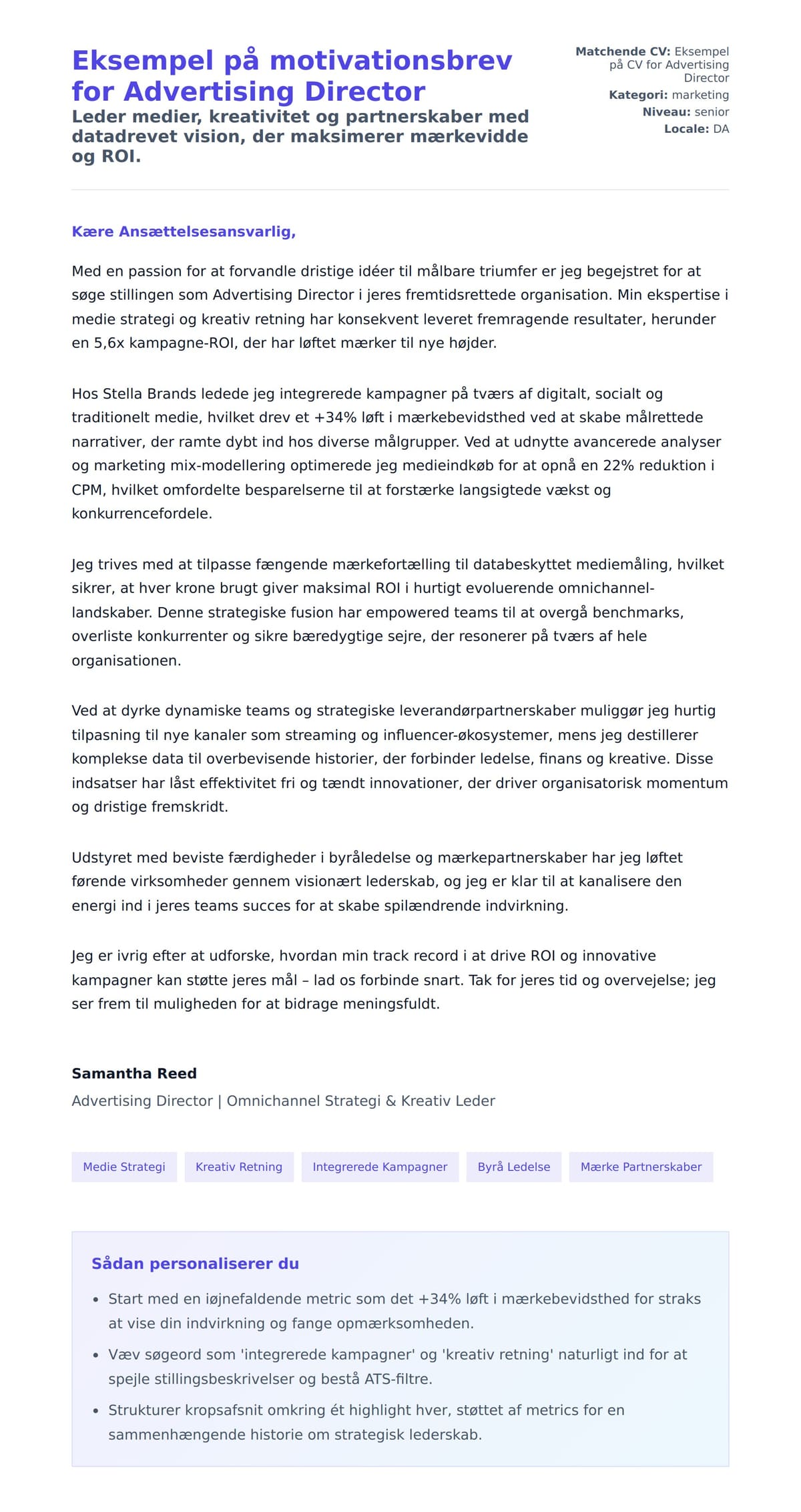 Ansøgningsbrev forhåndsvisning for Eksempel på motivationsbrev for Advertising Director