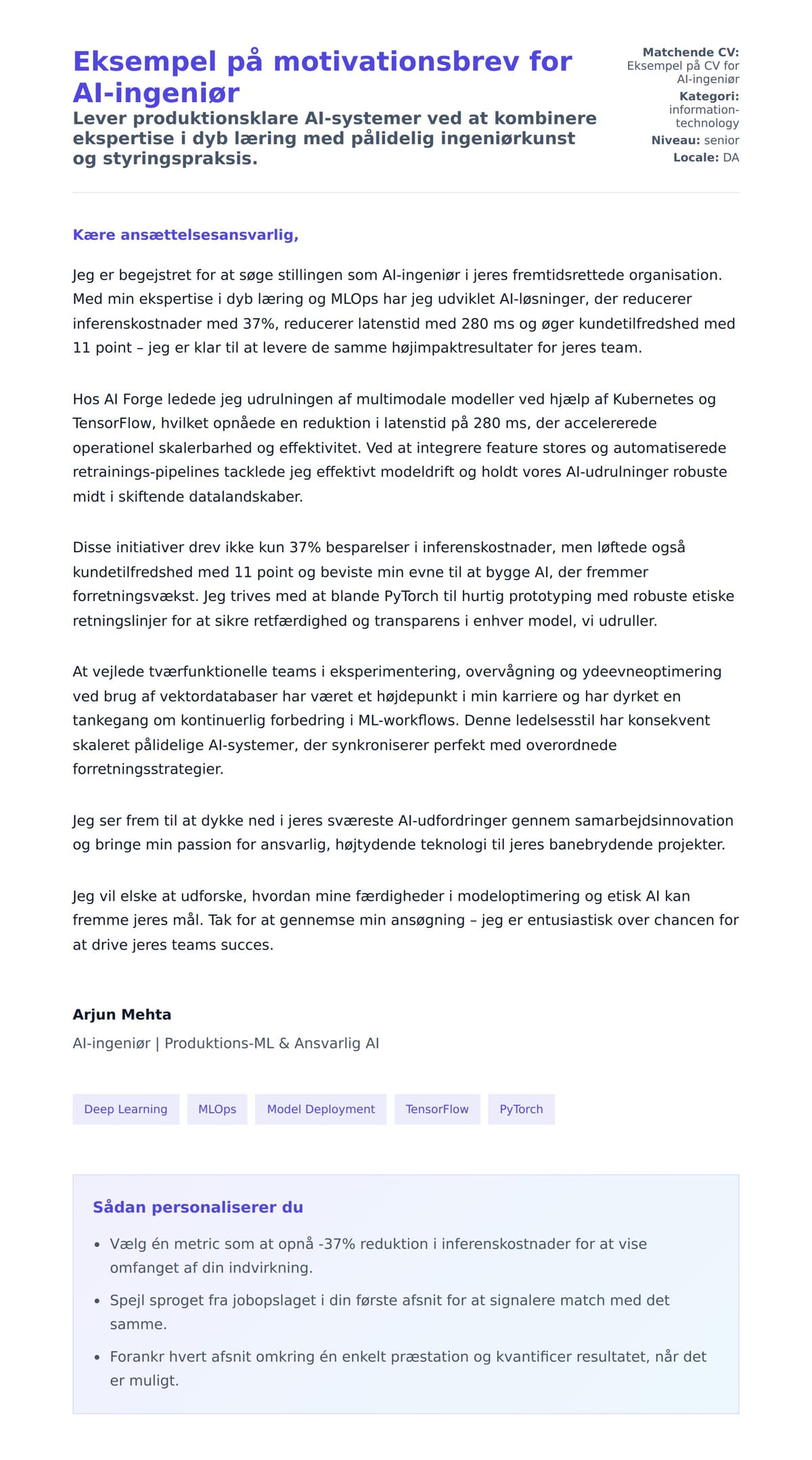Ansøgningsbrev forhåndsvisning for Eksempel på motivationsbrev for AI-ingeniør