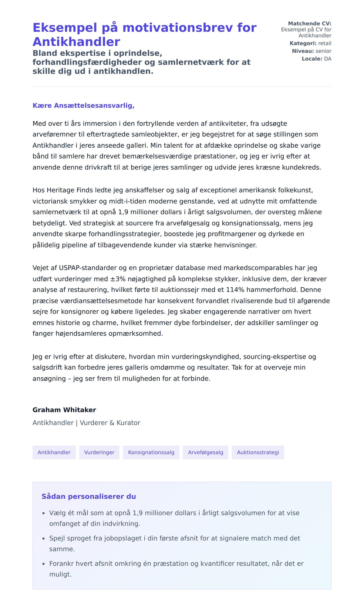 Ansøgningsbrev forhåndsvisning for Eksempel på motivationsbrev for Antikhandler