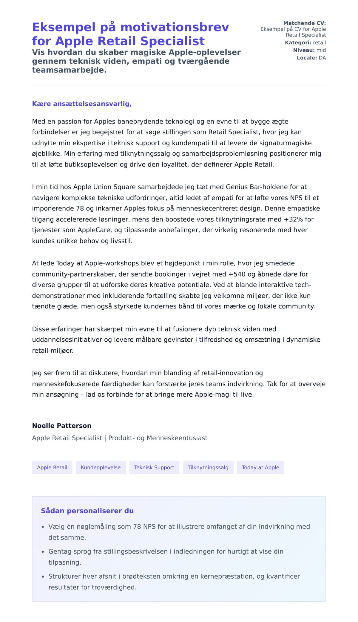 Ansøgningsbrev forhåndsvisning for Eksempel på motivationsbrev for Apple Retail Specialist