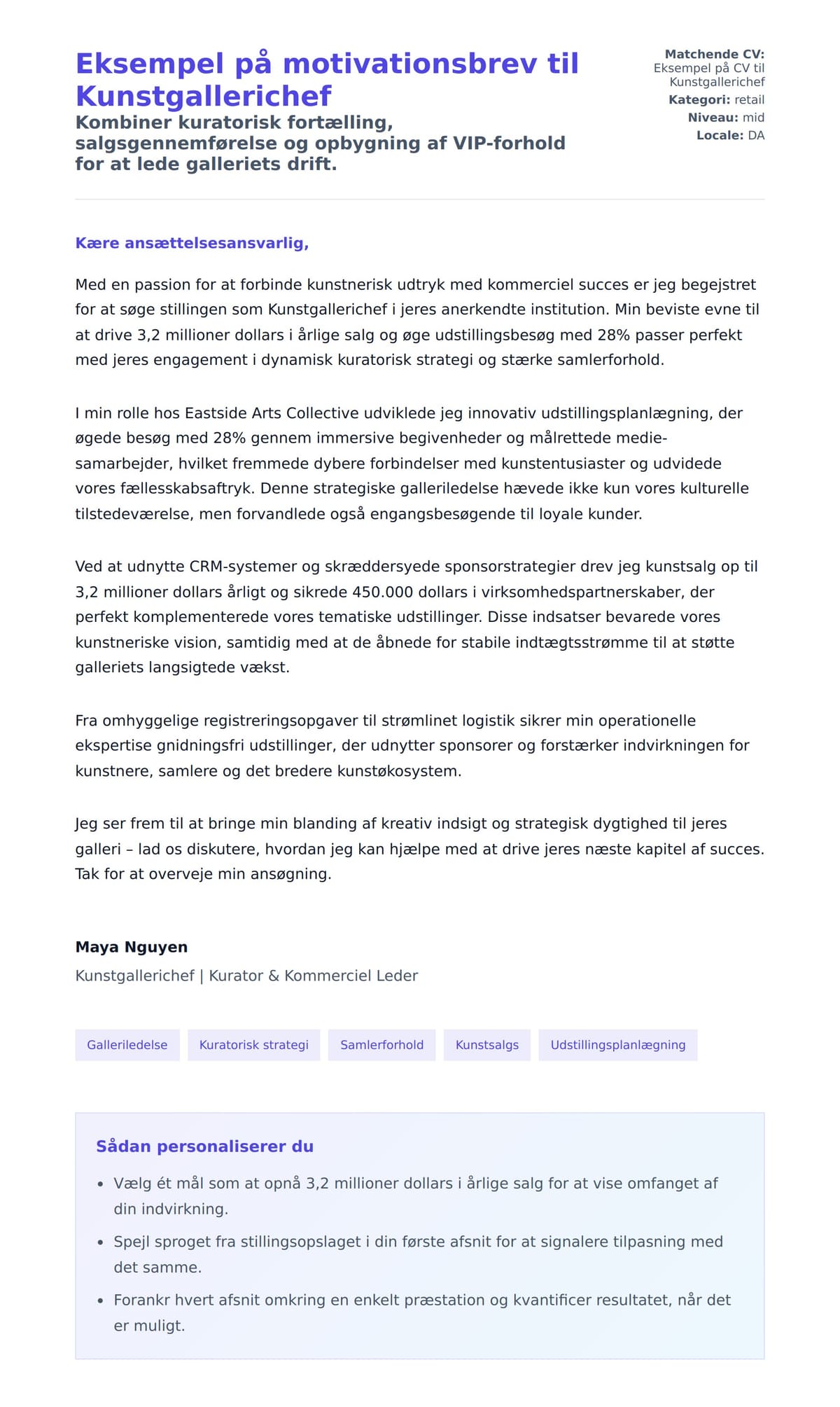 Ansøgningsbrev forhåndsvisning for Eksempel på motivationsbrev til Kunstgallerichef