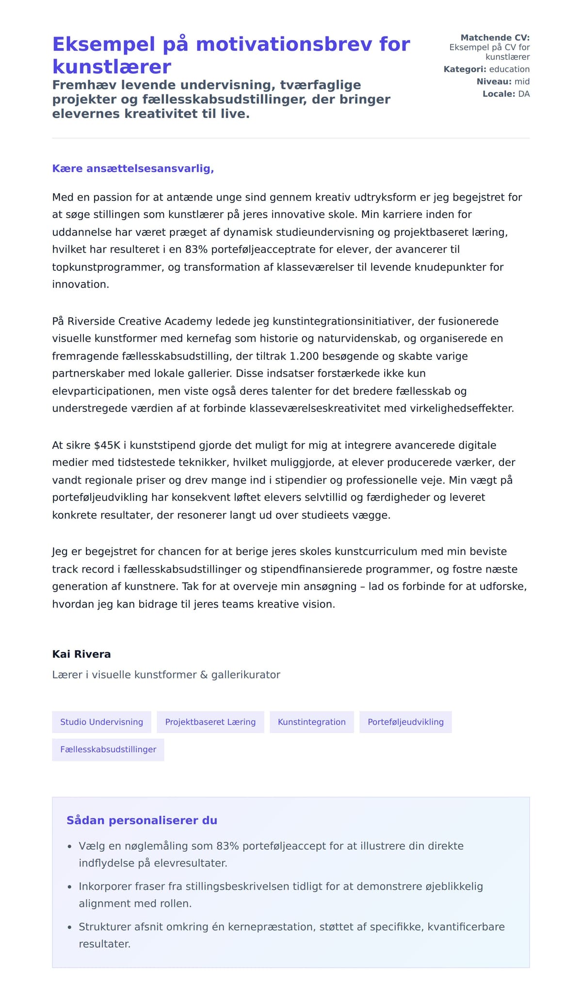 Ansøgningsbrev forhåndsvisning for Eksempel på motivationsbrev for kunstlærer