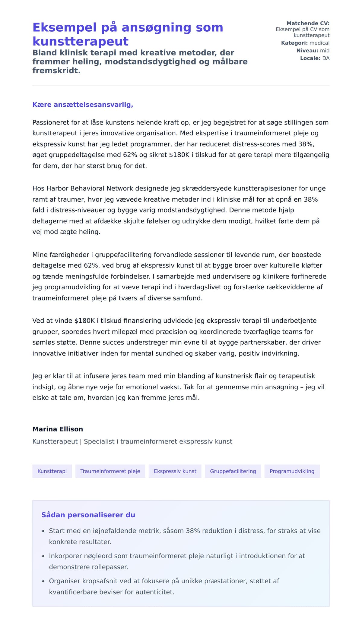 Ansøgningsbrev forhåndsvisning for Eksempel på ansøgning som kunstterapeut