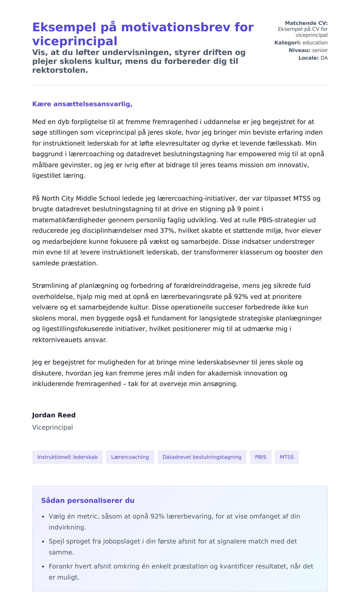 Ansøgningsbrev forhåndsvisning for Eksempel på motivationsbrev for viceprincipal