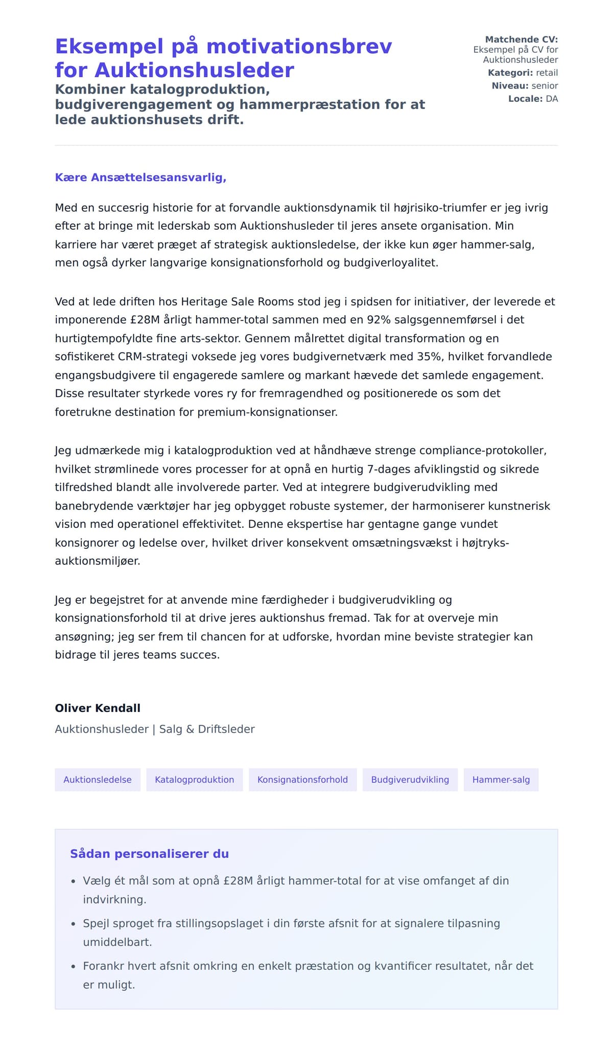 Ansøgningsbrev forhåndsvisning for Eksempel på motivationsbrev for Auktionshusleder